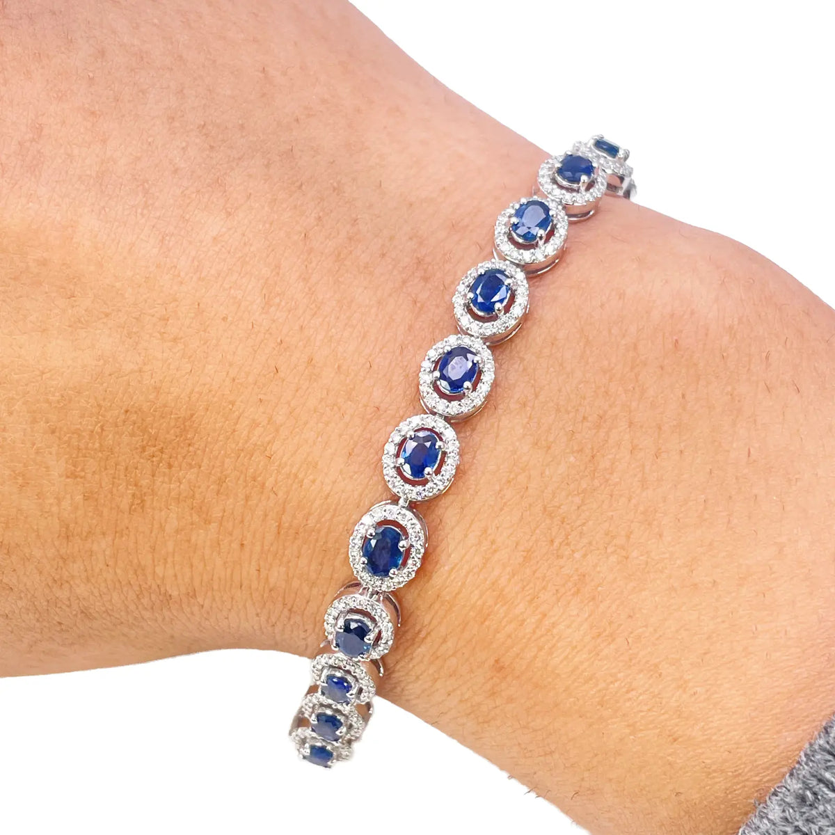 14ct White Gold Diamond & Blue Sapphire Cluster Tennis Bracelet 6.40ct 7 Inches Diamond Bracelets