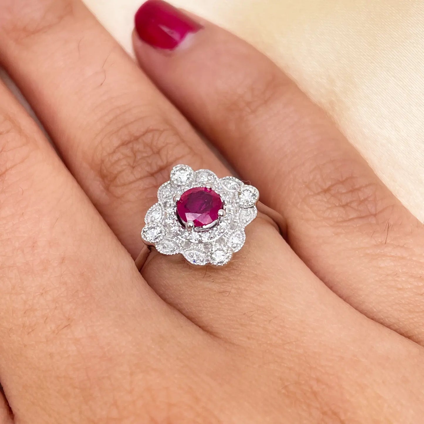 14ct White Gold Round Red Ruby & Diamond Cluster Milgrain Ring 0.72ct Diamond Ring