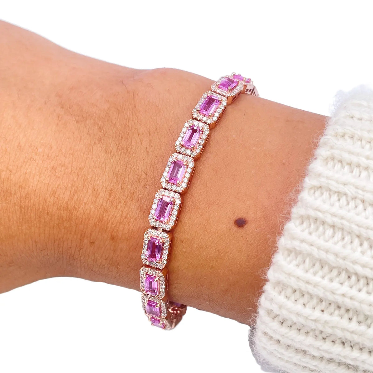 14ct Yellow Gold Diamond & Pink Sapphire Rectangular Halo Tennis Bracelet 9.10ct Diamond Bracelets