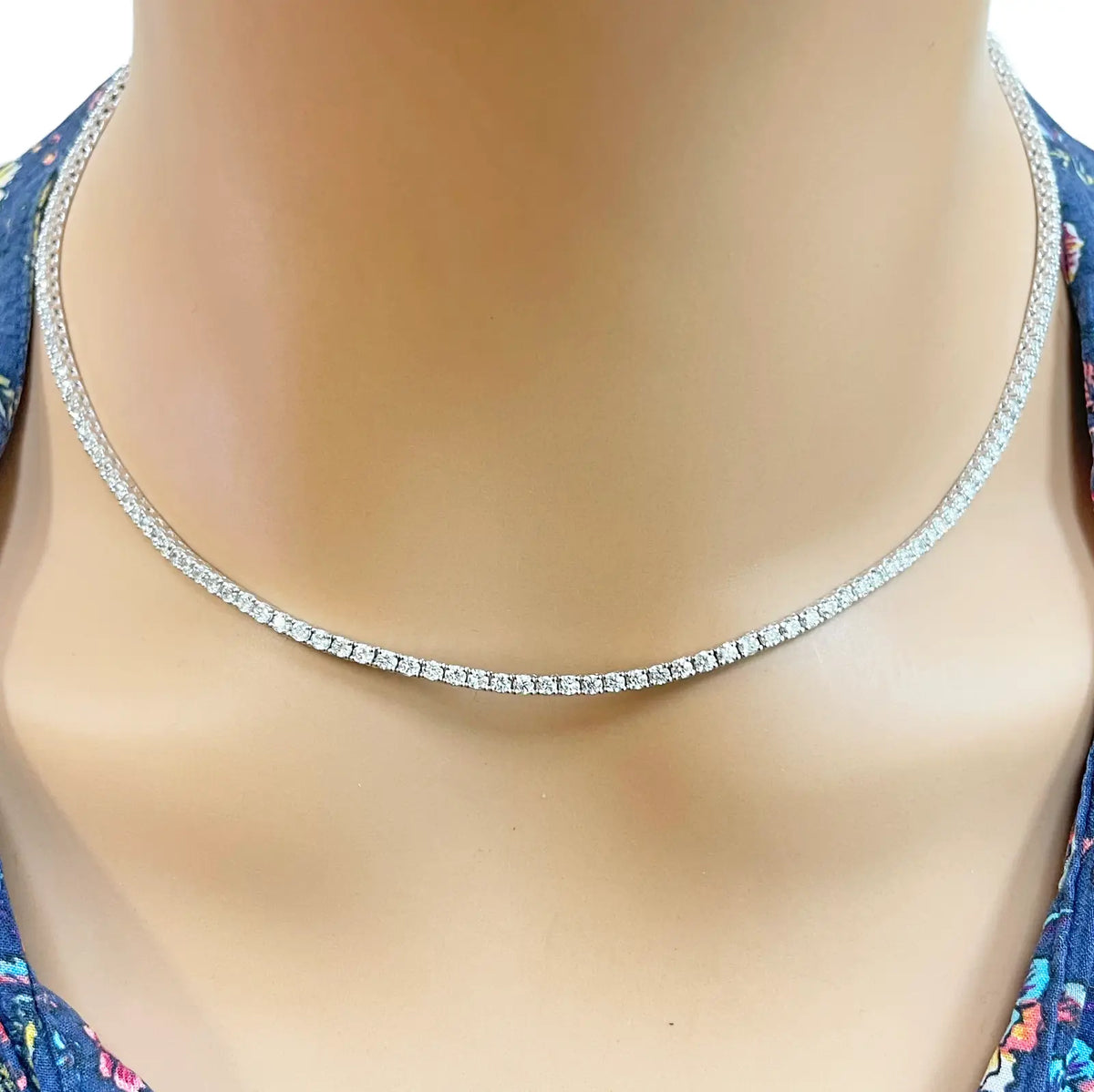 18ct White Gold 4-Claw Natural Diamond Tennis Necklace 6.00ct 17.5 Inches
