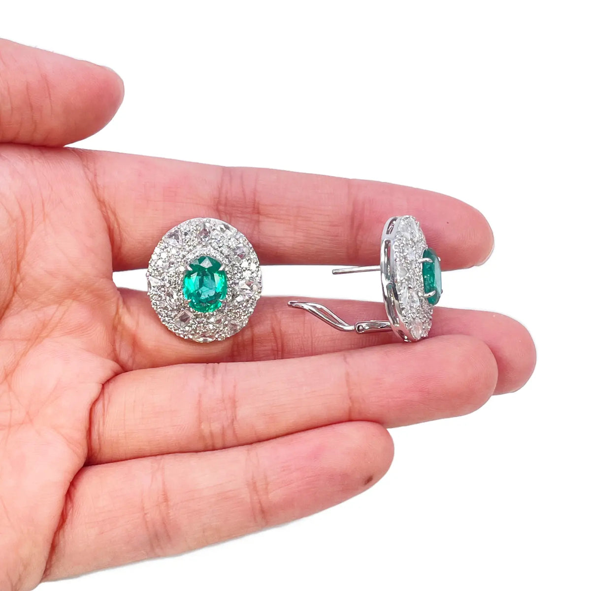 18ct White Gold Green Emerald Rose Cut Diamond Oval Cluster Earrings 6.11ct