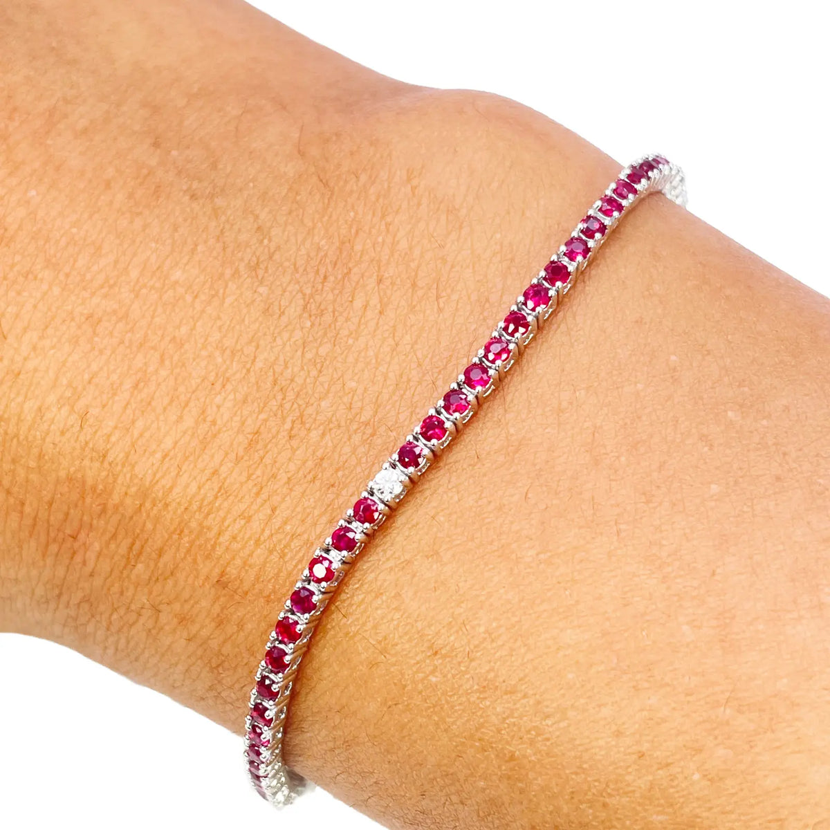 18ct White Gold Natural Round Ruby & Diamond Tennis Bracelet 2.30ct 7 Inches Diamond Bracelets