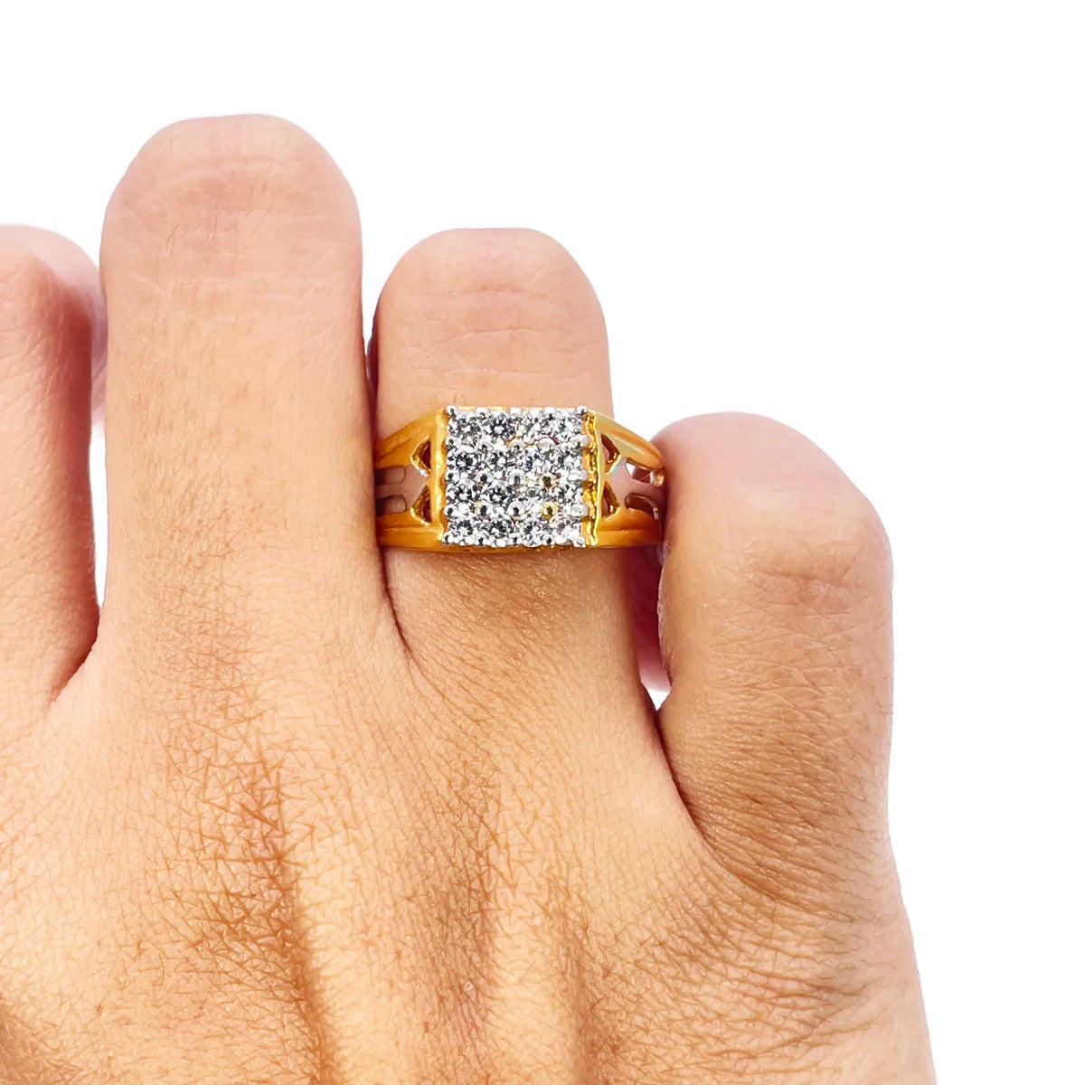 22ct Gold Square Cubic Zirconia Signet High Polished Two-Tone Men's Ring 9.5mm Width