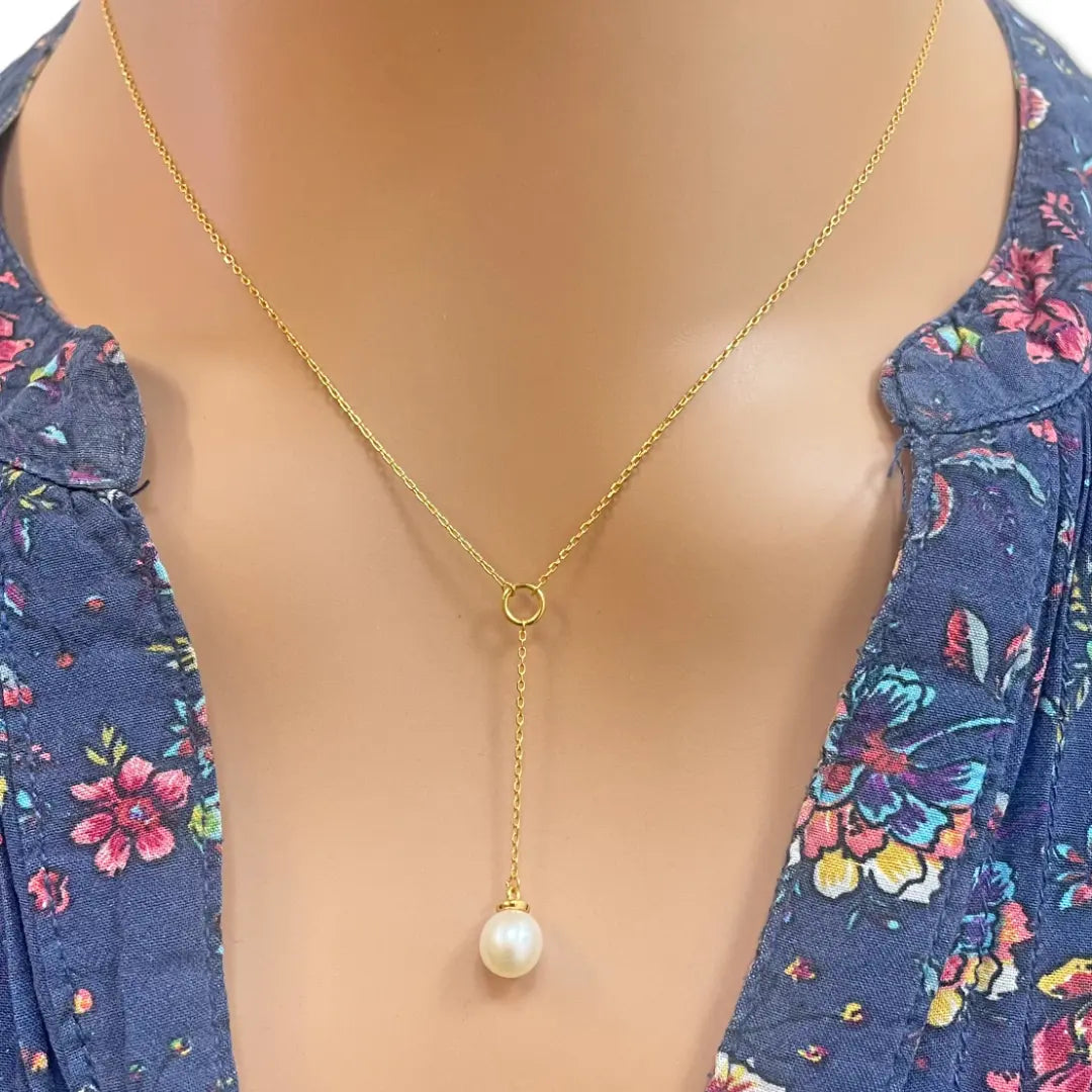 22ct Yellow Gold Freshwater Pearl Drop Chain Necklace 16 inches