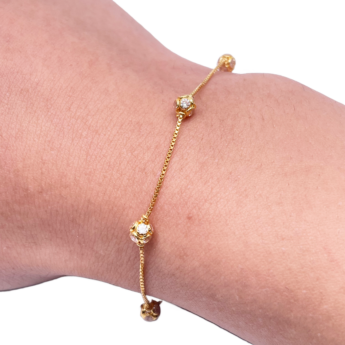 22ct Yellow Gold Cubic Zirconia Station Bracelet Box Chain 7 Inches