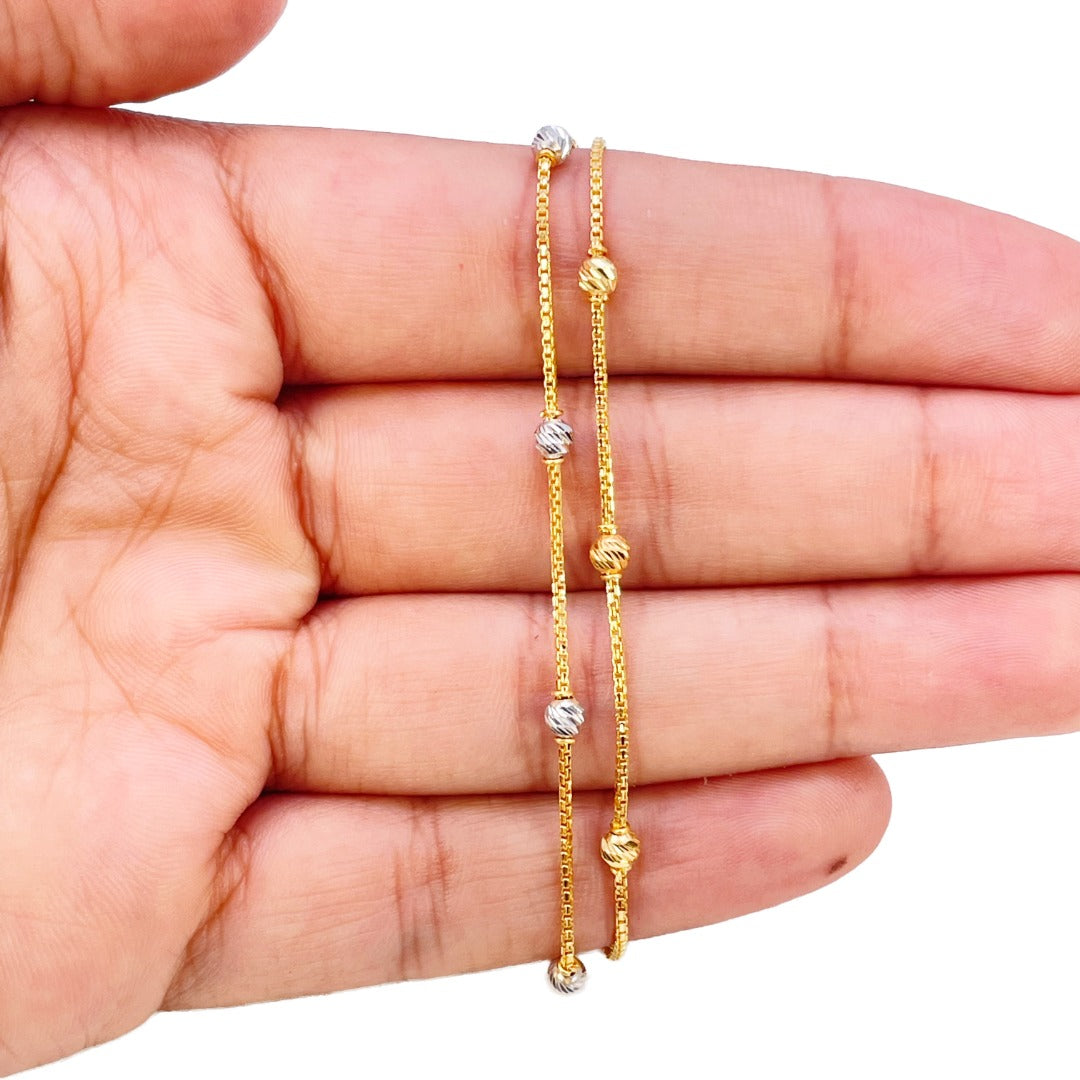 22ct Yellow Gold Double Layered Chain With Two-Tone Diamond Cut Beads Bracelet