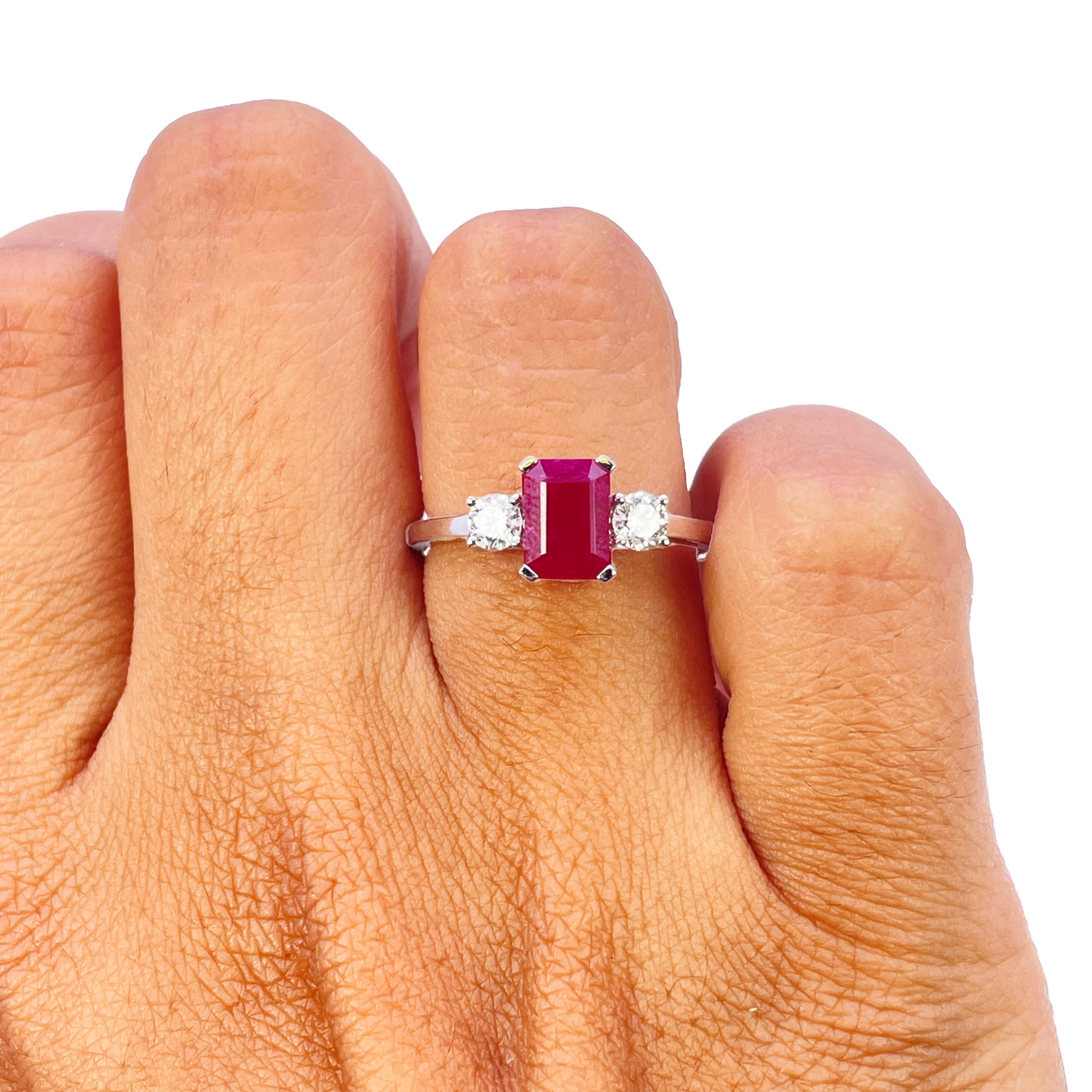 18ct White Gold Natural Emerald Cut Ruby & Round Diamond Trilogy Ring 1.45ct