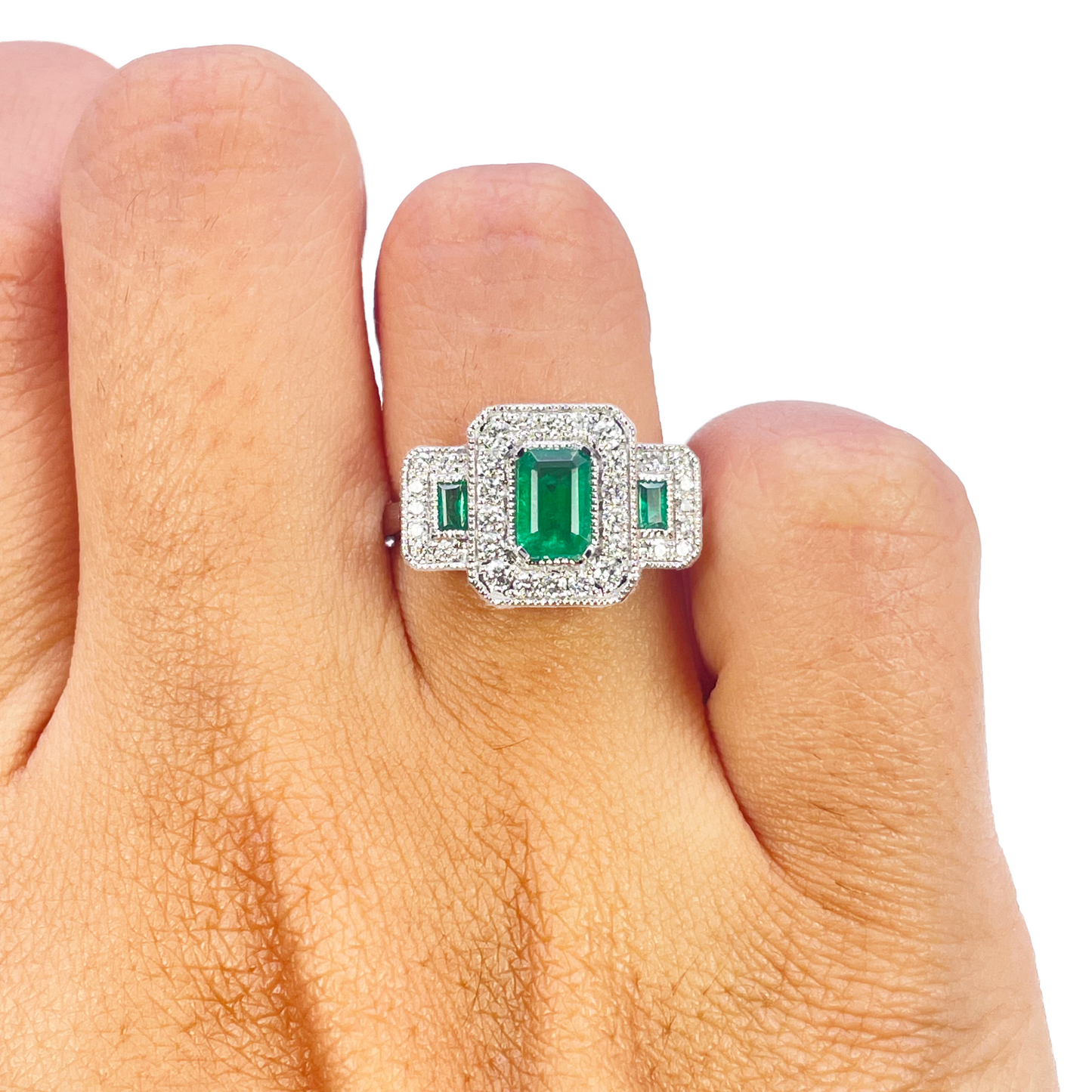 18ct Gold Natural Emerald Diamond Halo Ring Round & Emerald Cut 0.95ct