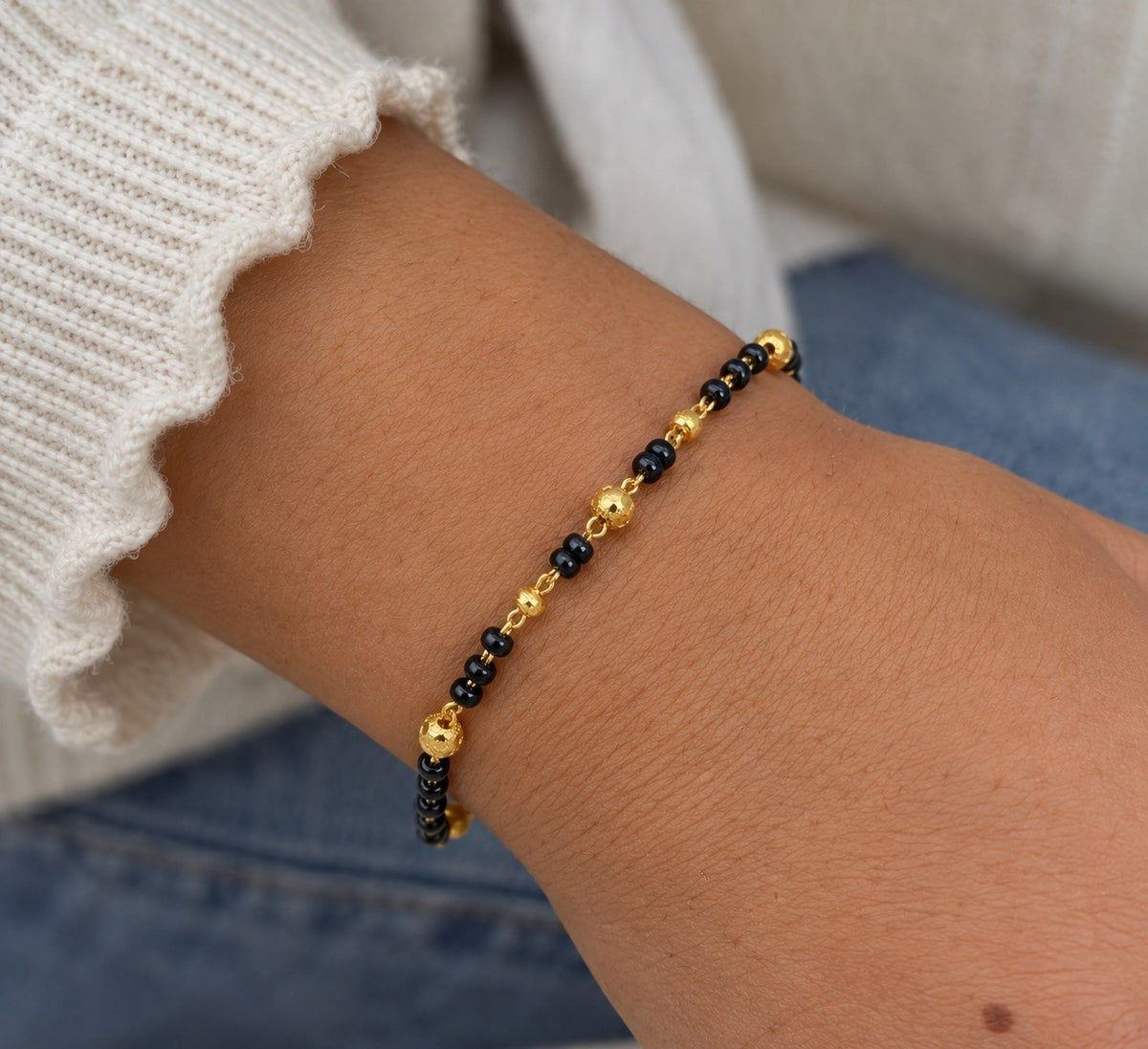 22ct Gold Children's Black Bead Nazariya Bracelet Diamond Cut Gold