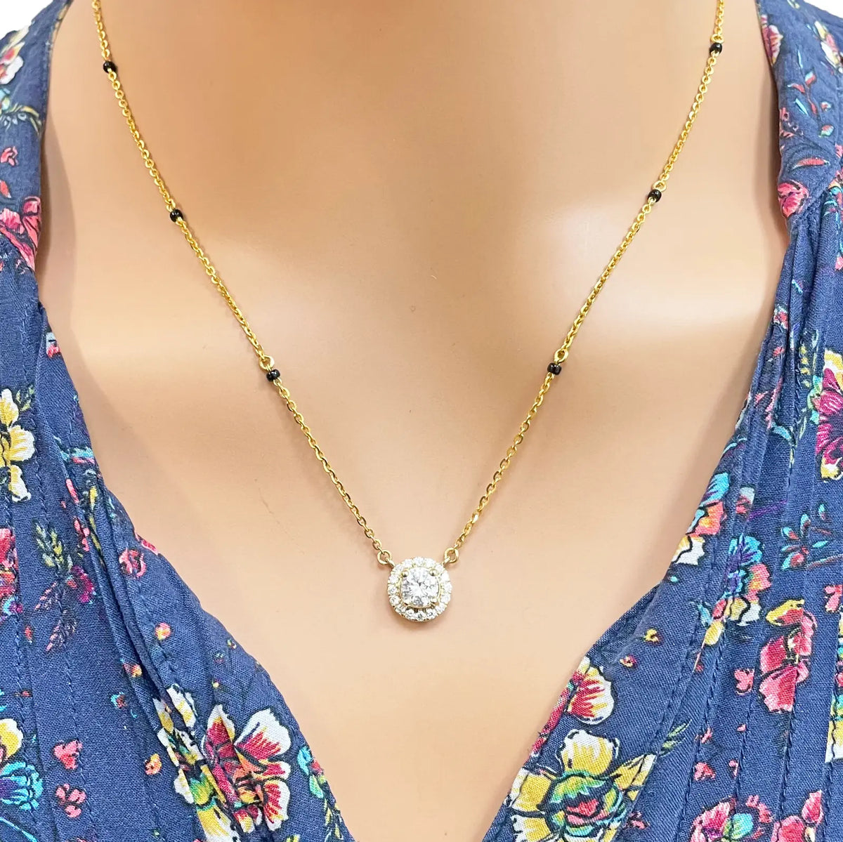 Yellow Gold Mangalsutra Necklace Lab-Created Diamond Halo Pendant 0.70ct Mangalsutra Chains
