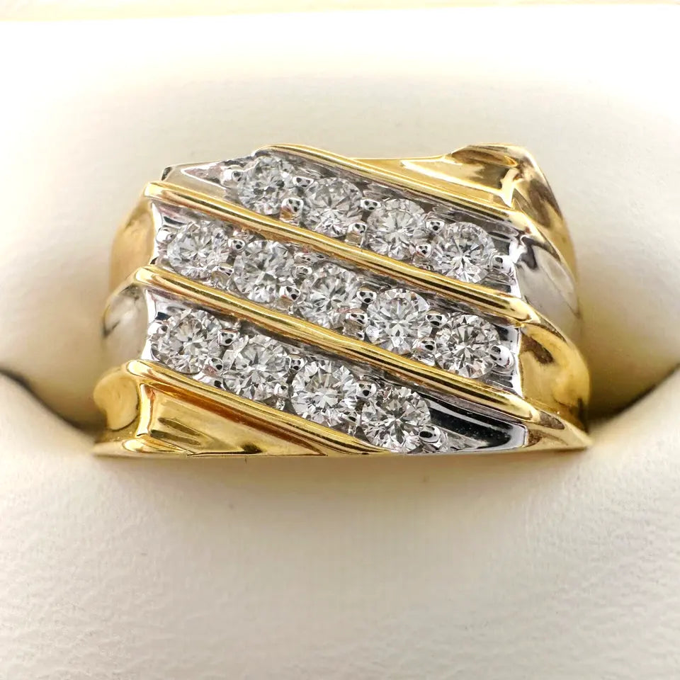 18K Yellow Gold 13 Stone Fancy Mens ring with Round Diamond 0.50cts G/SI