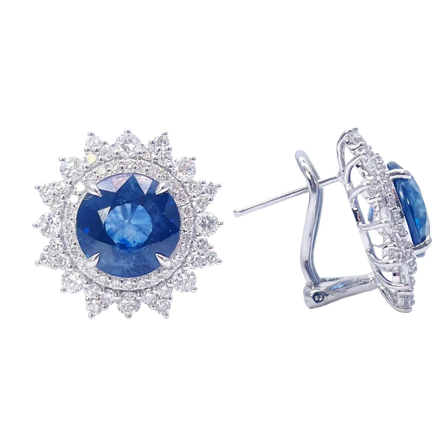 14ct White Gold Floral Natural Sapphire & Diamond Cluster Halo Earrings 10.45ct 