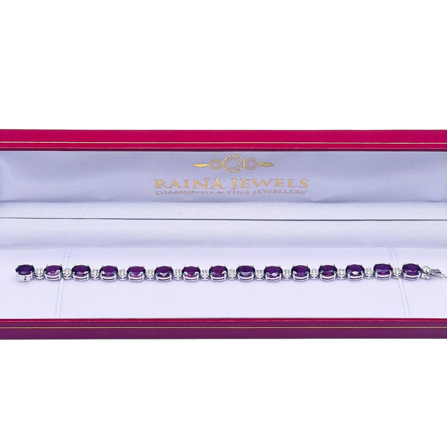 14ct White Gold Natural Diamond & Purple Rhodolite Garnet Oval Cluster Bracelet¬† Diamond Bracelets