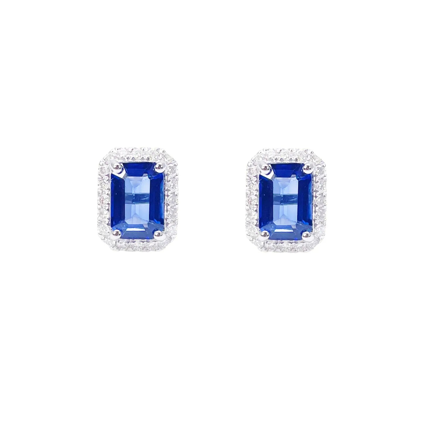 14ct White Gold Natural Emerald Cut Sapphire Round Diamond Stud Earrings 2.40ct 