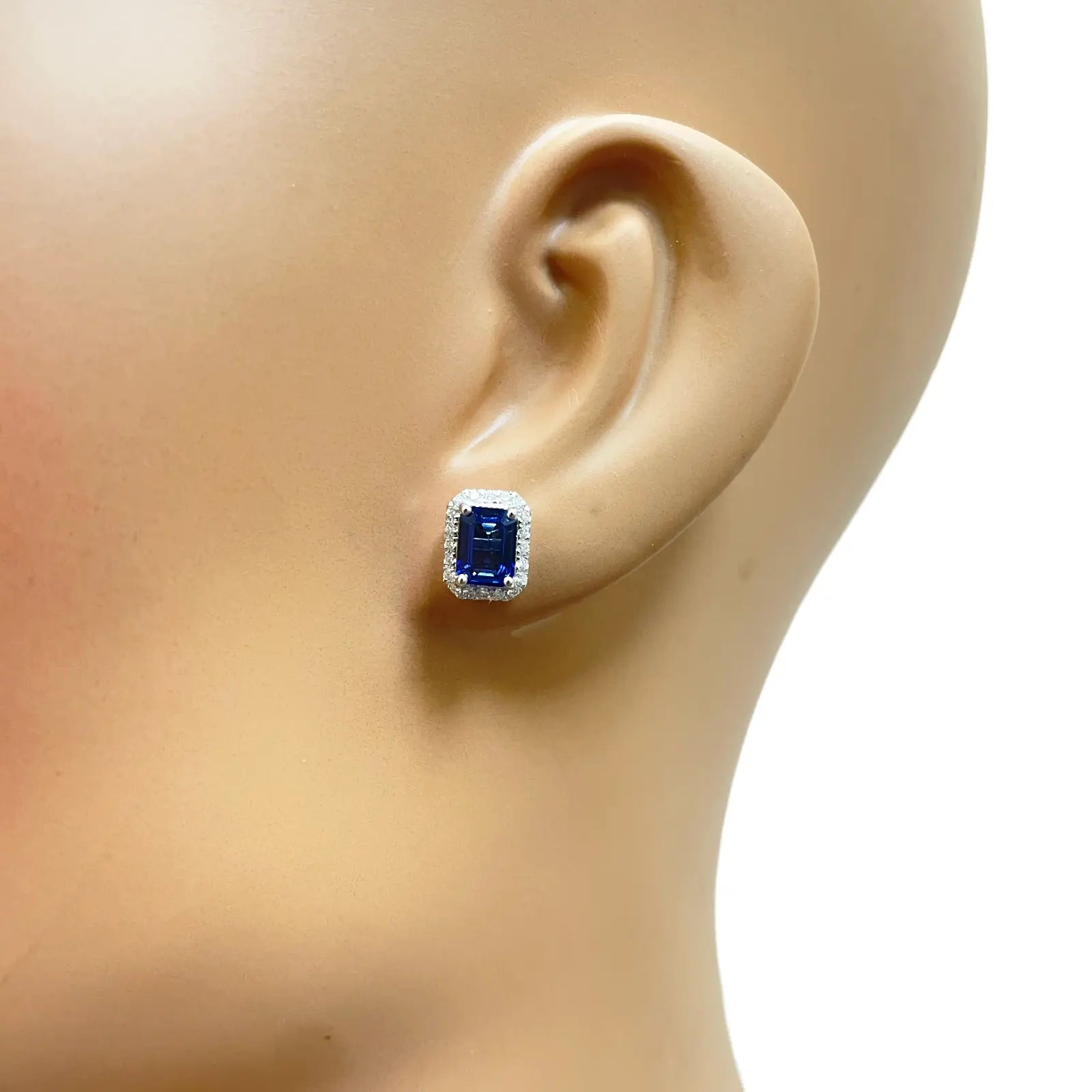 14ct White Gold Natural Emerald Cut Sapphire Round Diamond Stud Earrings 2.40ct 
