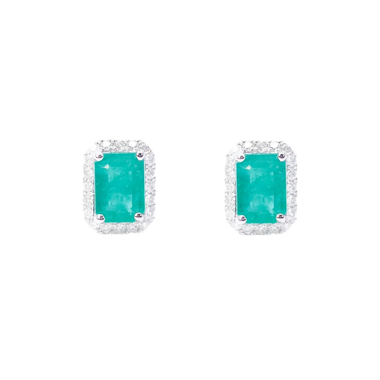 14ct White Gold Natural Emerald & Round Diamond Rectangle Stud Earrings 2.20ct  Diamond earring