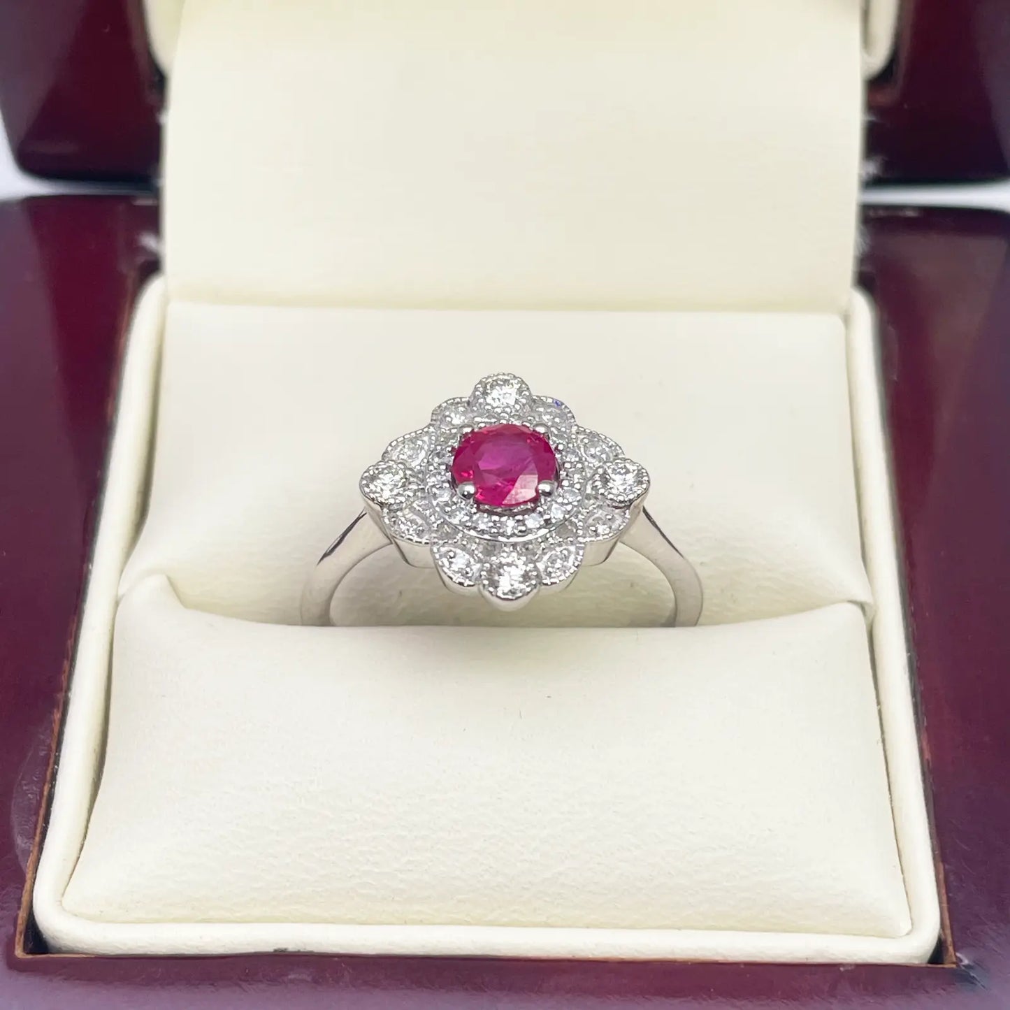 14ct White Gold Round Red Ruby & Diamond Cluster Milgrain Ring 0.72ct  Diamond Ring
