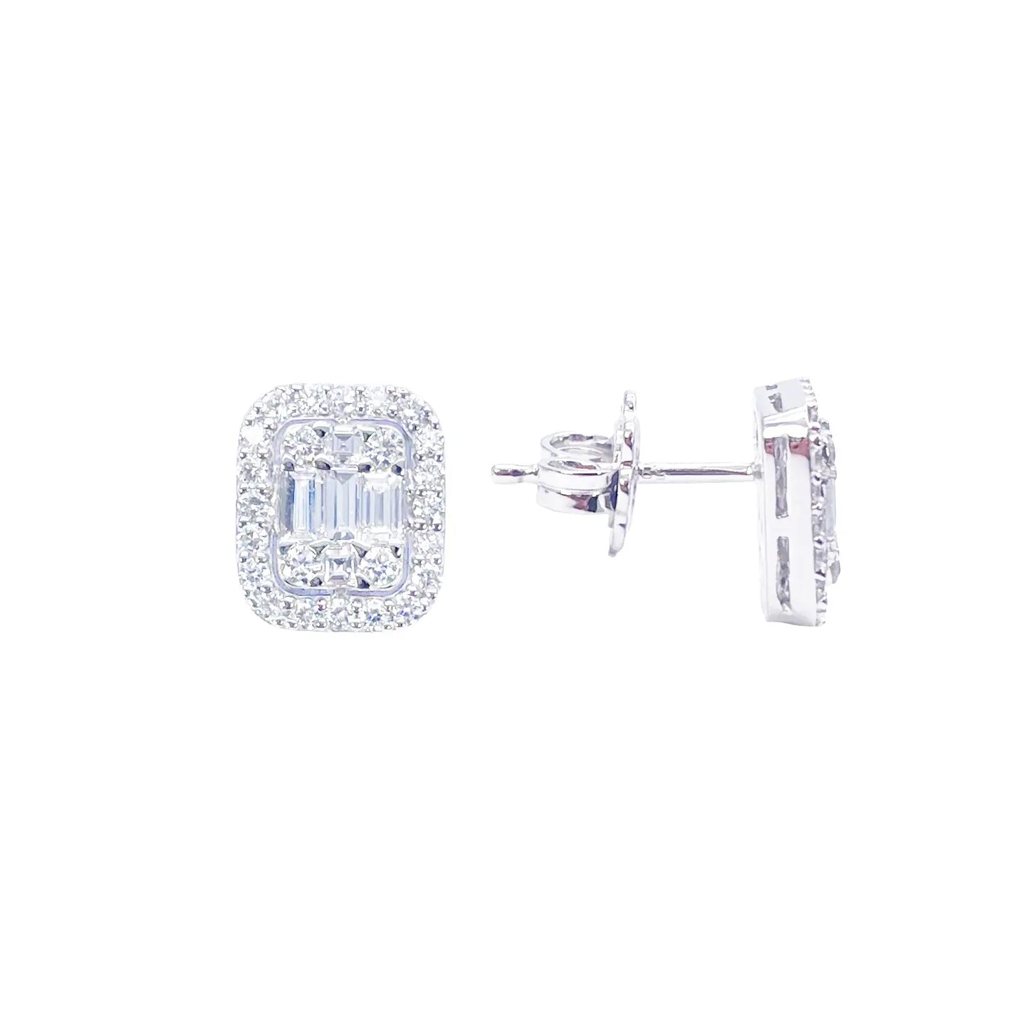 14ct White Gold Round & Baguette Rectangle Shaped Diamond Studs Earrings 0.80ct  Diamond earring