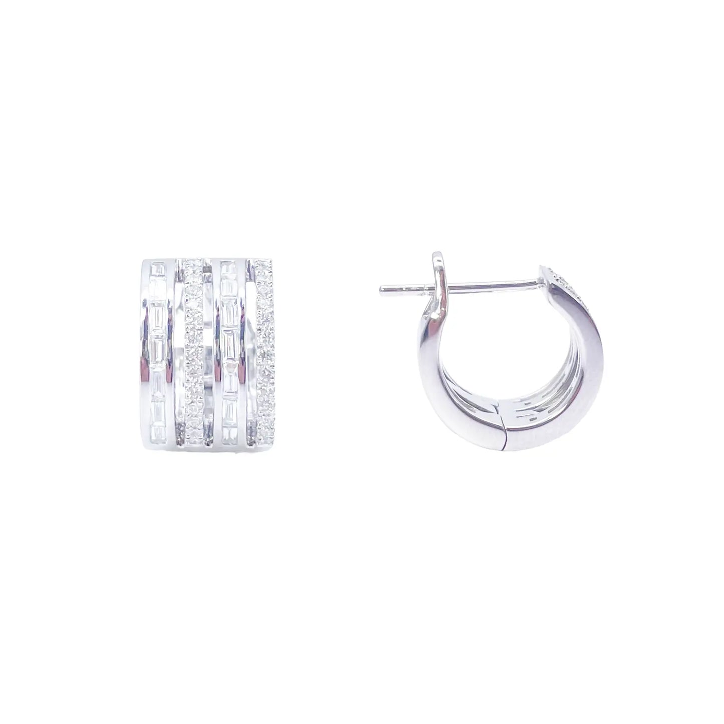 18ct Gold Diamond Hoop 0.55ct Natural Baguette & Round Huggie Earrings 9mm 