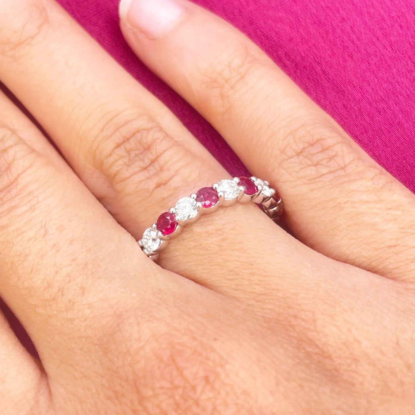 18ct Gold Natural Round Diamond & Ruby Half Eternity Stackable Band 1.05ct  Diamond Ring