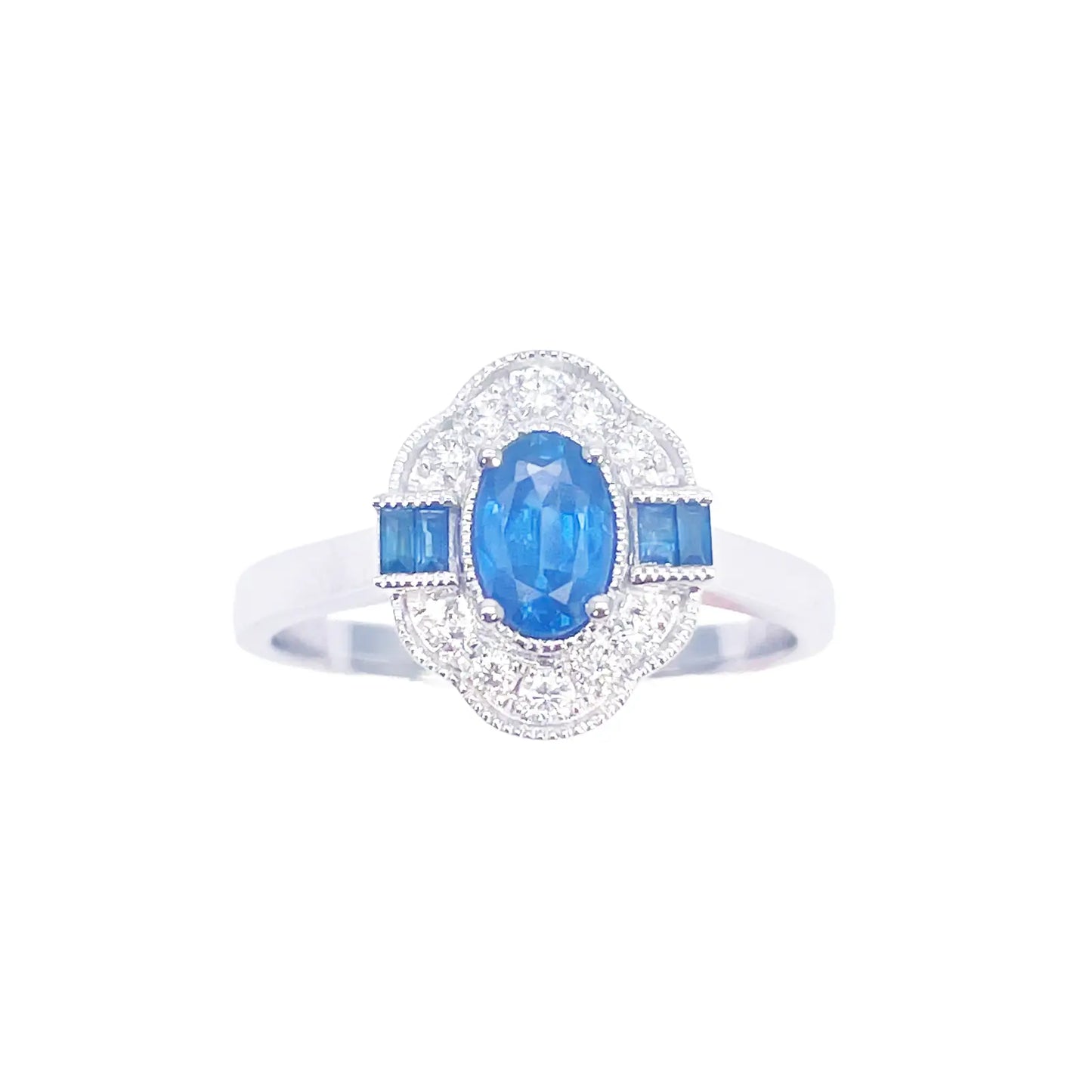 18ct Gold Natural Sapphire Diamond Halo Ring Round, Baguette & Oval Cut 0.70ct  Diamond Ring