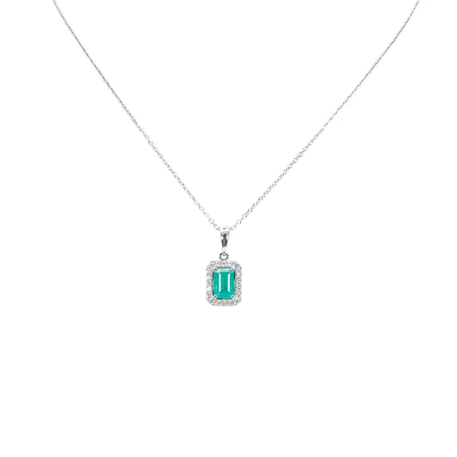 18ct Gold Necklace Natural Diamond/Emerald Round & Emerald Cut Halo Pendant 0.60ct 