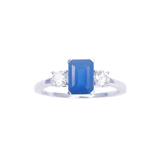 18ct Gold Sapphire Diamond Ring Natural Round & Emerald Cut Three-Stone 1.47ct  Diamond Ring