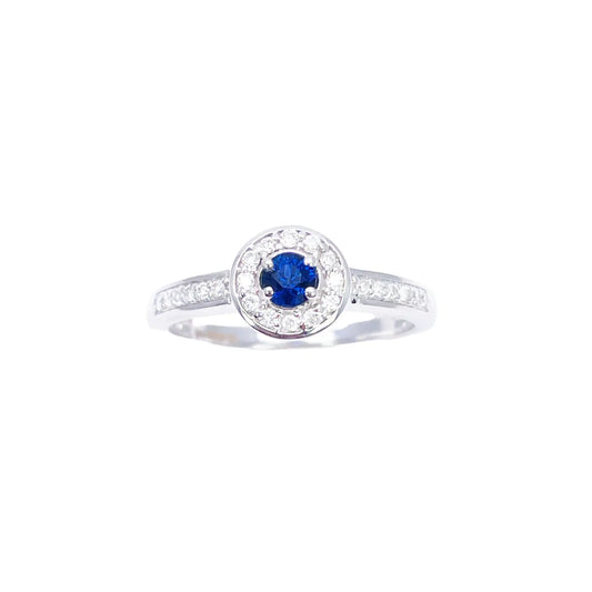 18ct Natural Blue Sapphire & Round Diamond Halo Half Eternity Ring 0.35ct  Diamond Ring