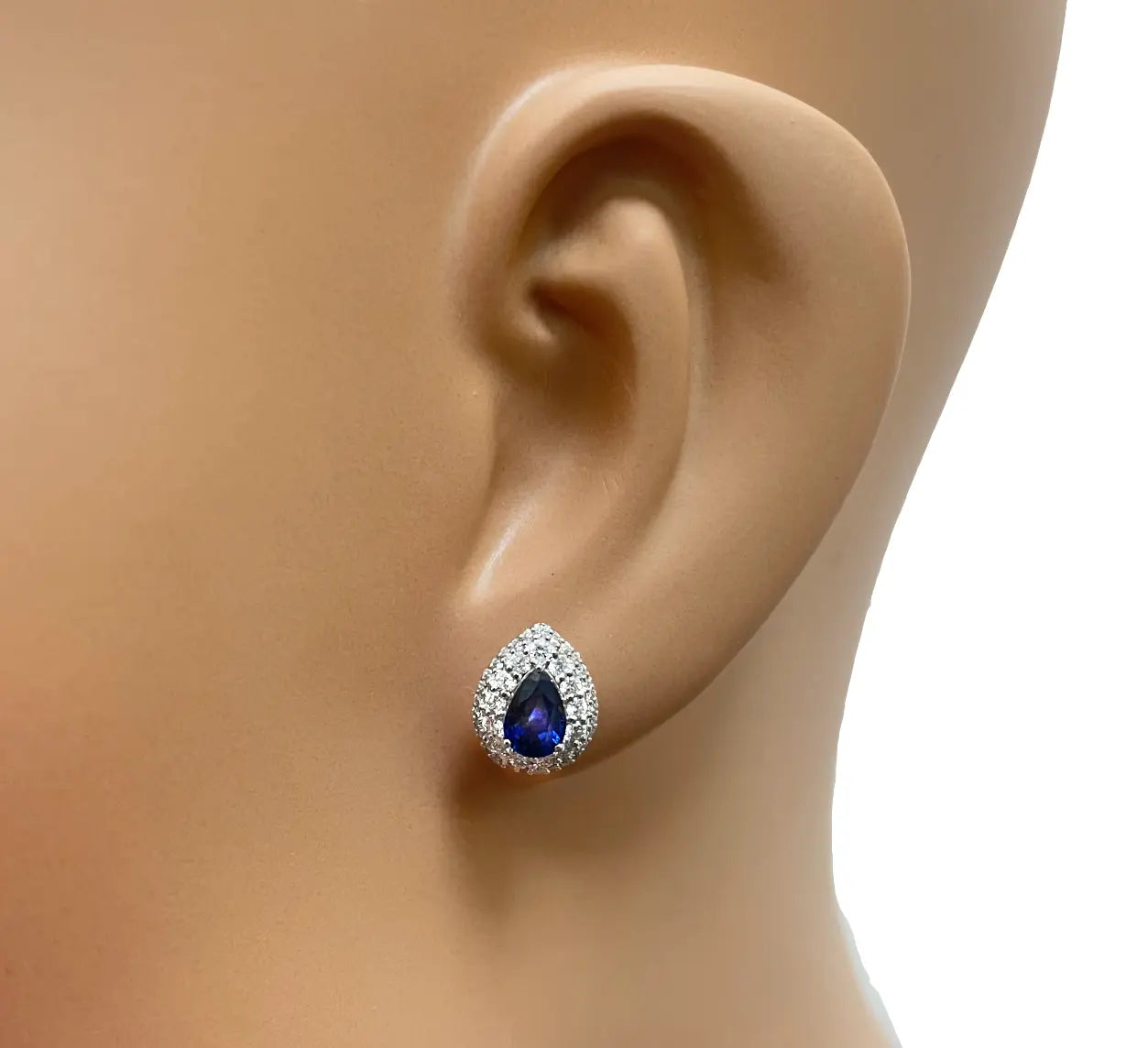 18ct White Gold Double Row Halo Diamond & Blue Sapphire Pear Shape Earring 0.46ct  Diamond earring