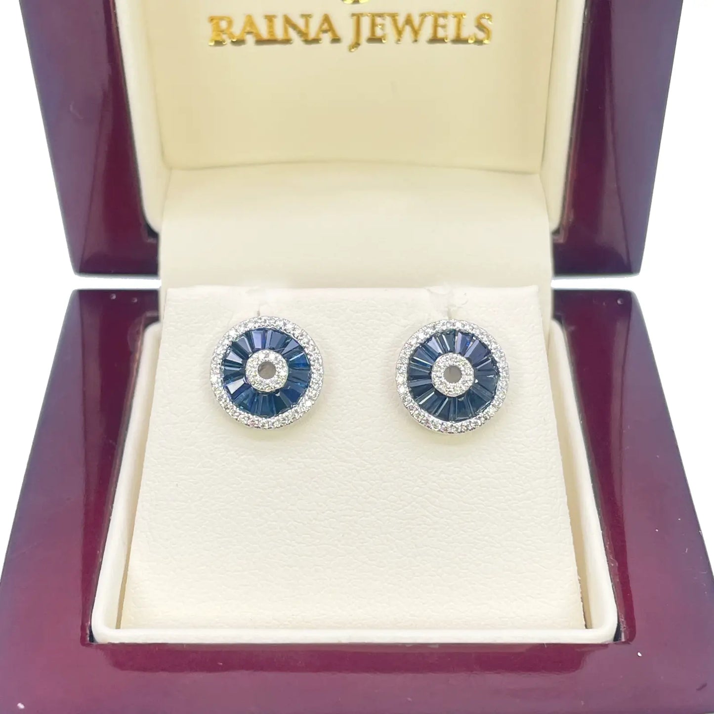 18ct White Gold Natural Blue Sapphire & Diamond Round Stud Earrings 1.78ct 