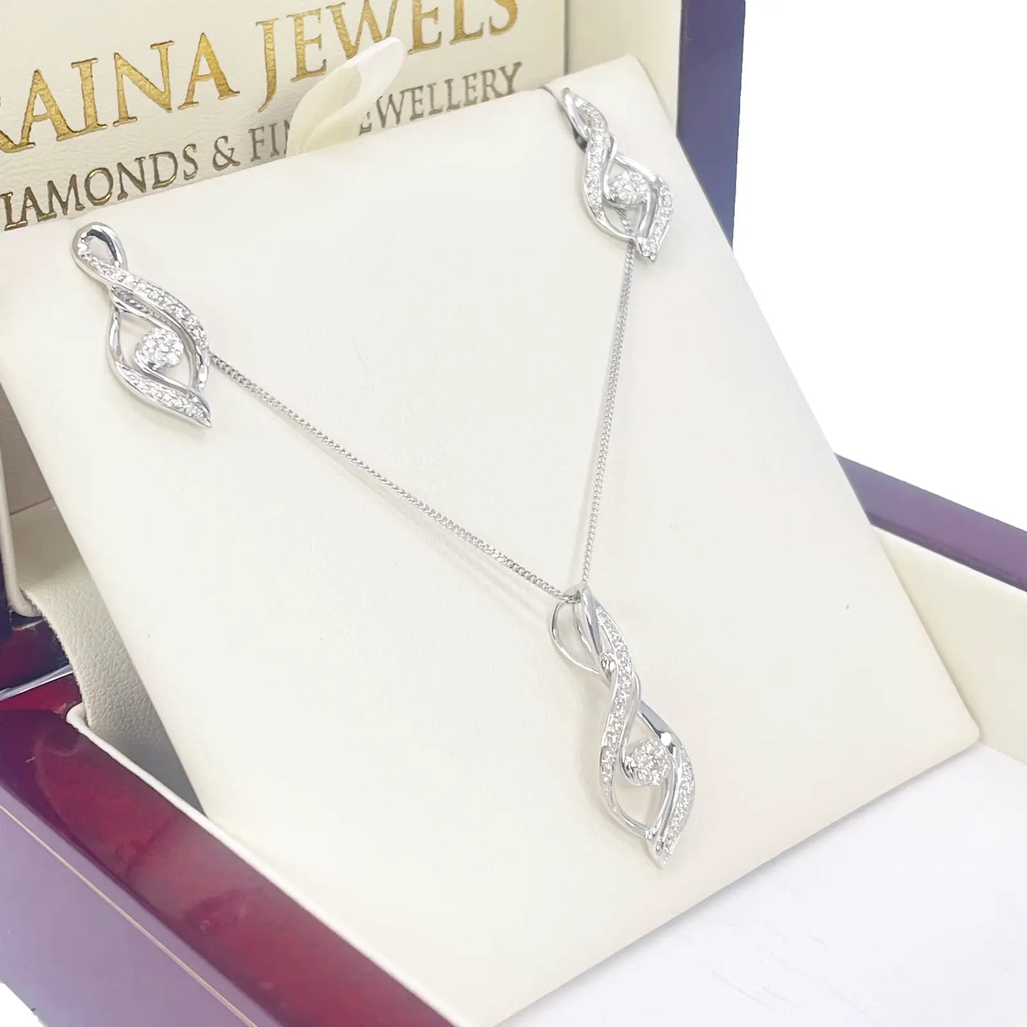 18ct White Gold Natural Diamond Twisted Pendant Chain & Earrings Set 0.55ct 