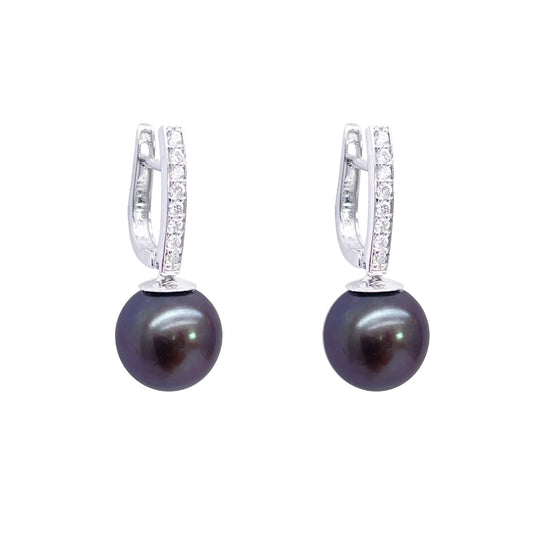 18ct White Gold Natural Diamonds & Freshwater Black Pearl Hoop Earrings 0.10ct 