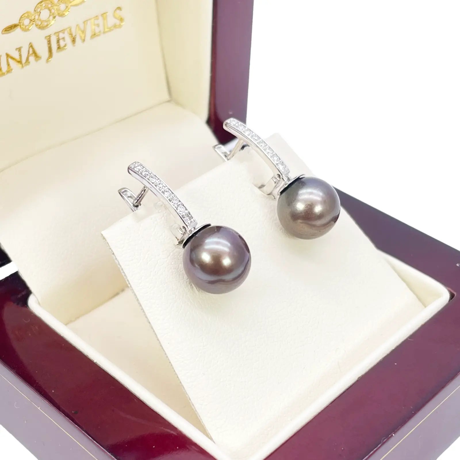 18ct White Gold Natural Diamonds & Freshwater Black Pearl Hoop Earrings 0.10ct  Gold earring