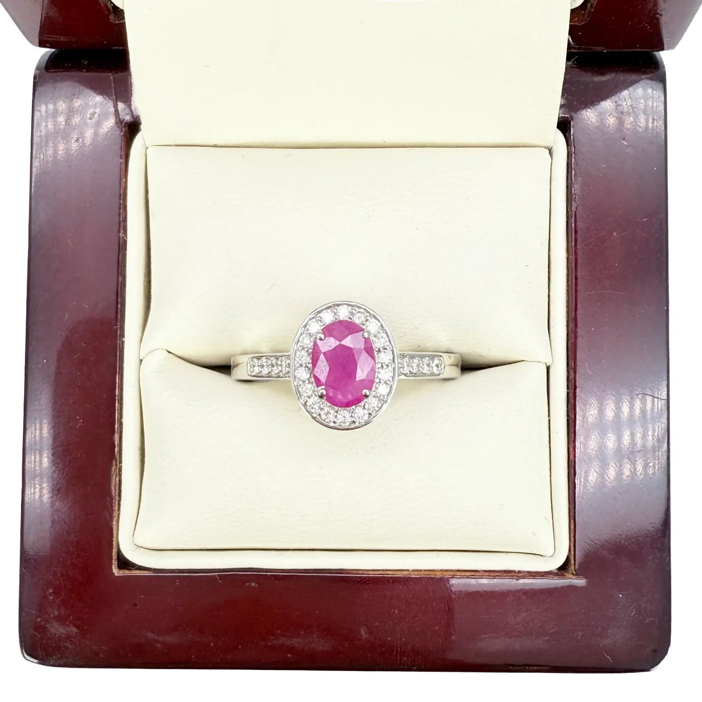 18ct White Gold Natural Oval Ruby & Round Diamond Halo Ring 1.00ct  Diamond Ring