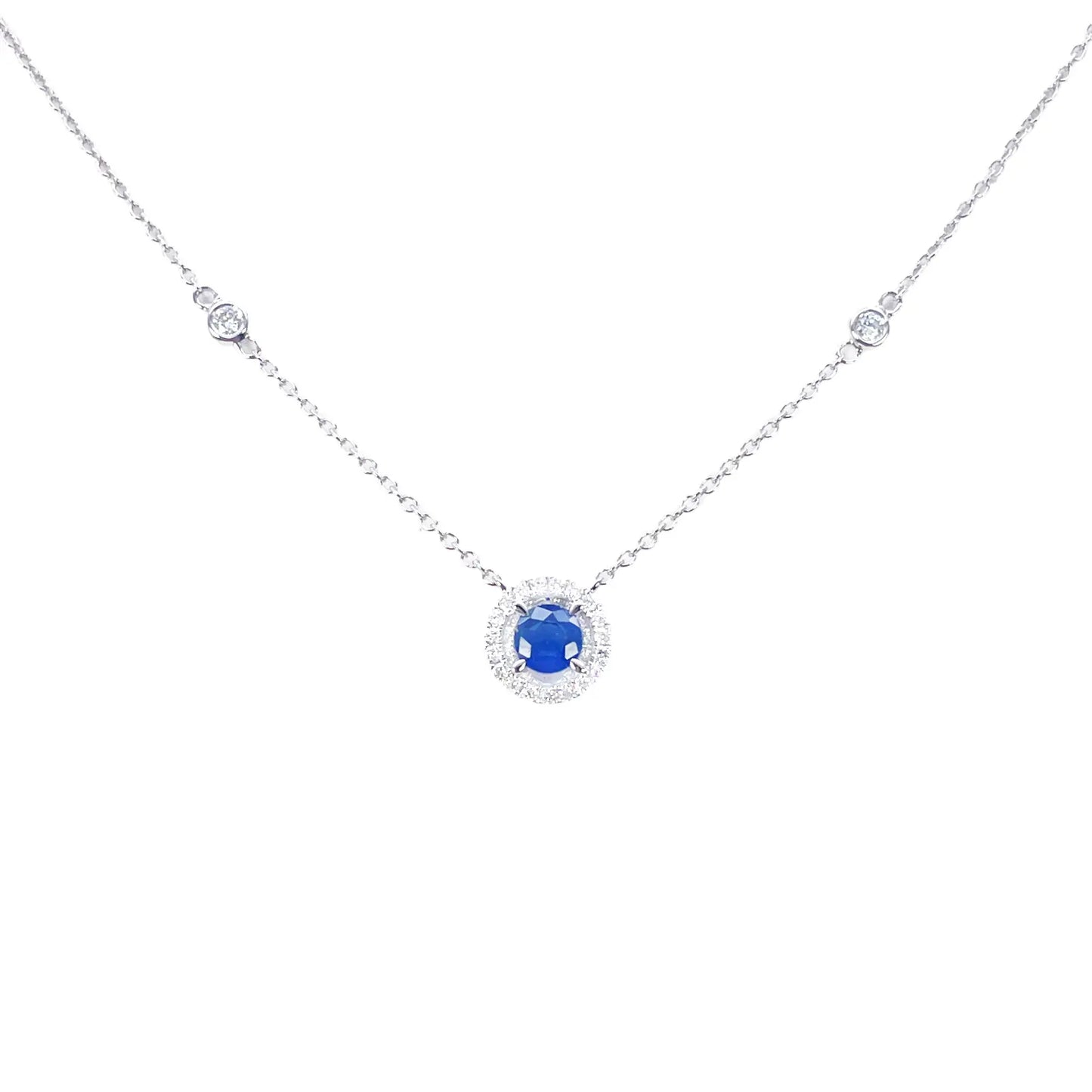 18ct White Gold Natural Round Diamond & Sapphire Halo Necklace 0.45ct 