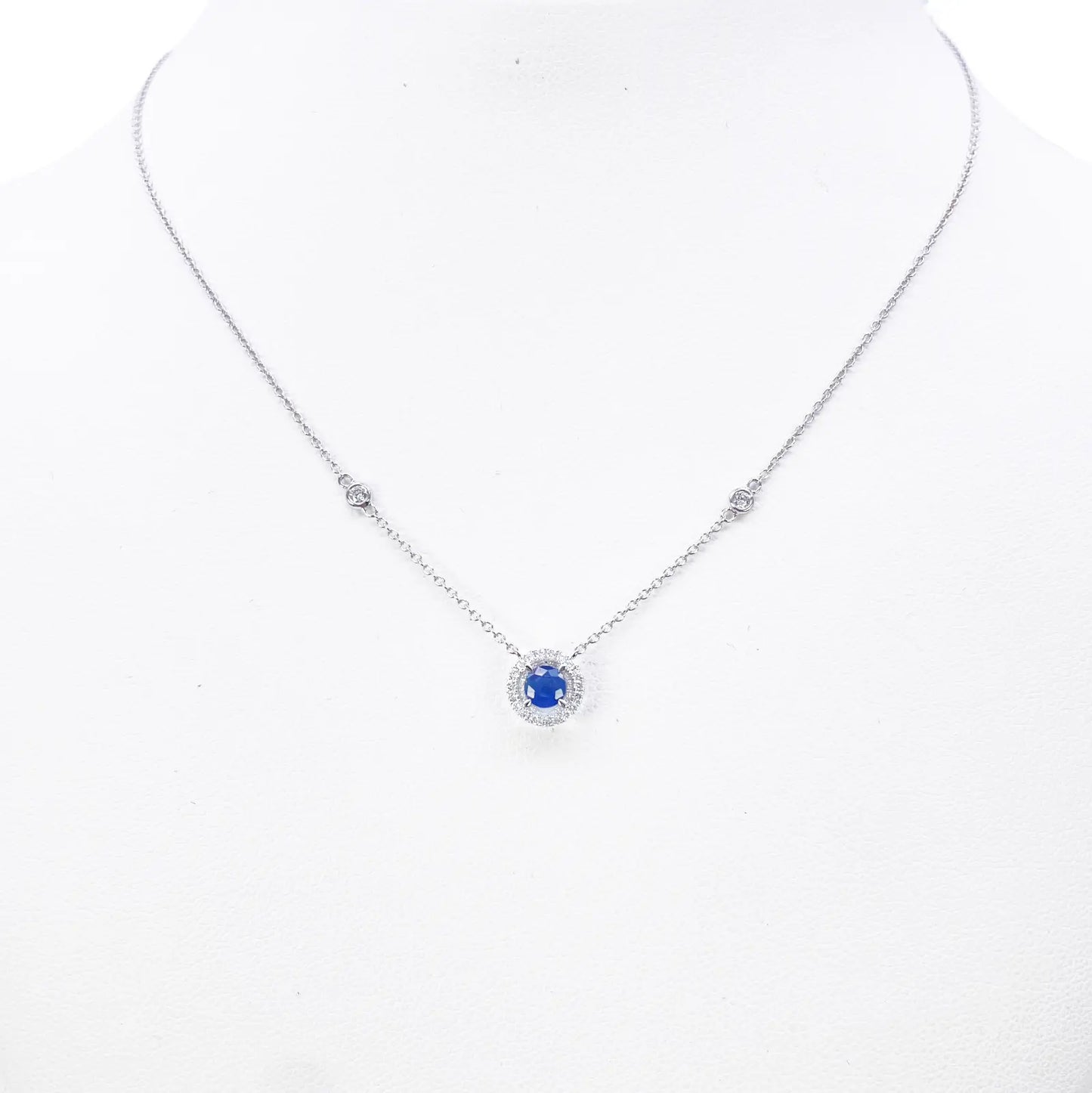 18ct White Gold Natural Round Diamond & Sapphire Halo Necklace 0.45ct 