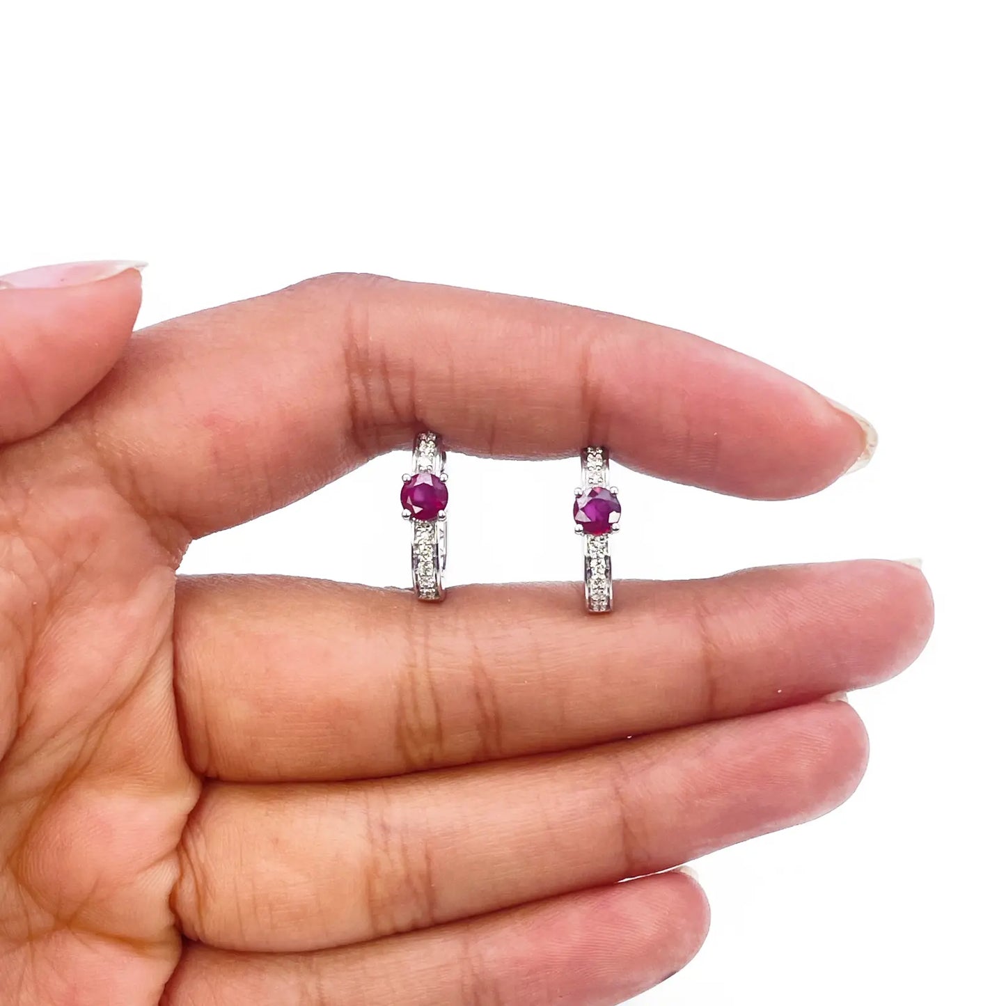 18ct White Gold Natural Ruby Prong & Diamond Huggie Hoop Earrings 0.92ct 