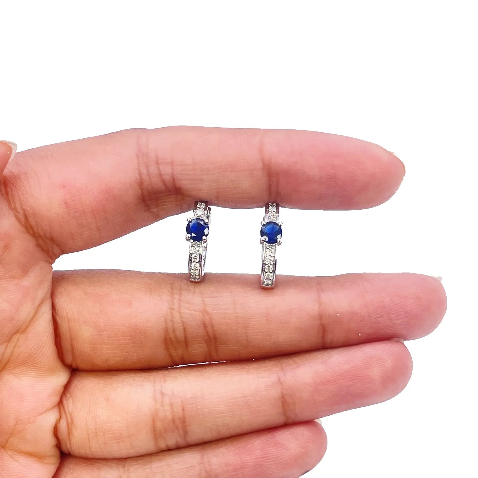 18ct White Gold Natural Sapphire Prong & Diamond Huggie Hoop Earrings 0.64ct 