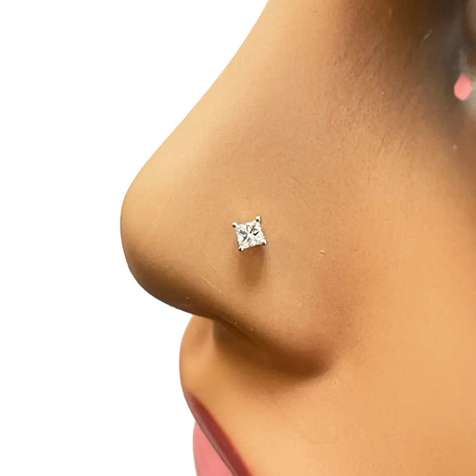 18ct White Or Yellow Gold Princess Diamond Nose Stud Pin 0.05ct 4 claw 2.6mm  Body Piercings