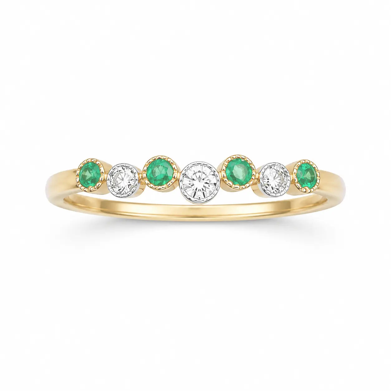 18ct Yellow Gold Emerald & Diamond Milgrain Bezel Ring 0.13ct Natural Stones  Diamond Ring