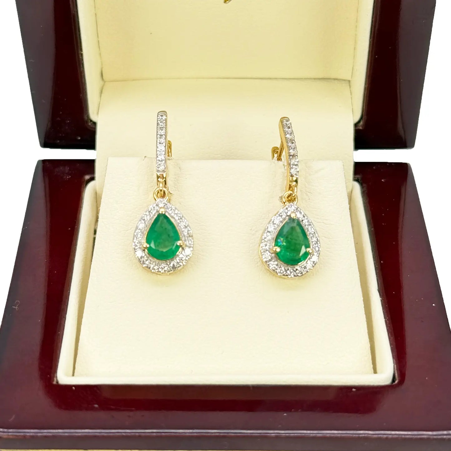 18ct Yellow Gold Natural Diamond & Zambian Emerald Huggie Hoop Earrings 1.48ct 