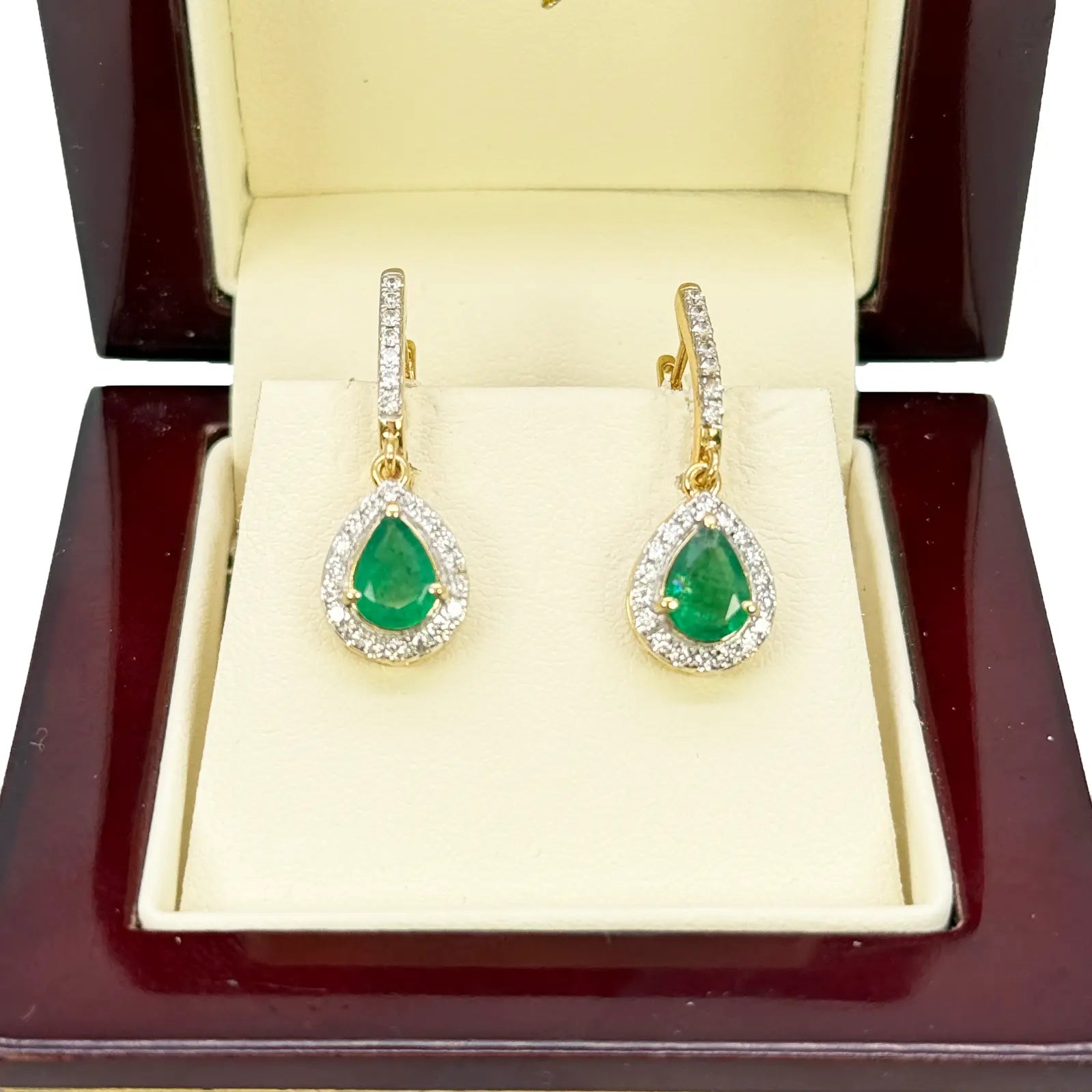 18ct Yellow Gold Natural Diamond & Zambian Emerald Huggie Hoop Earrings 1.48ct 