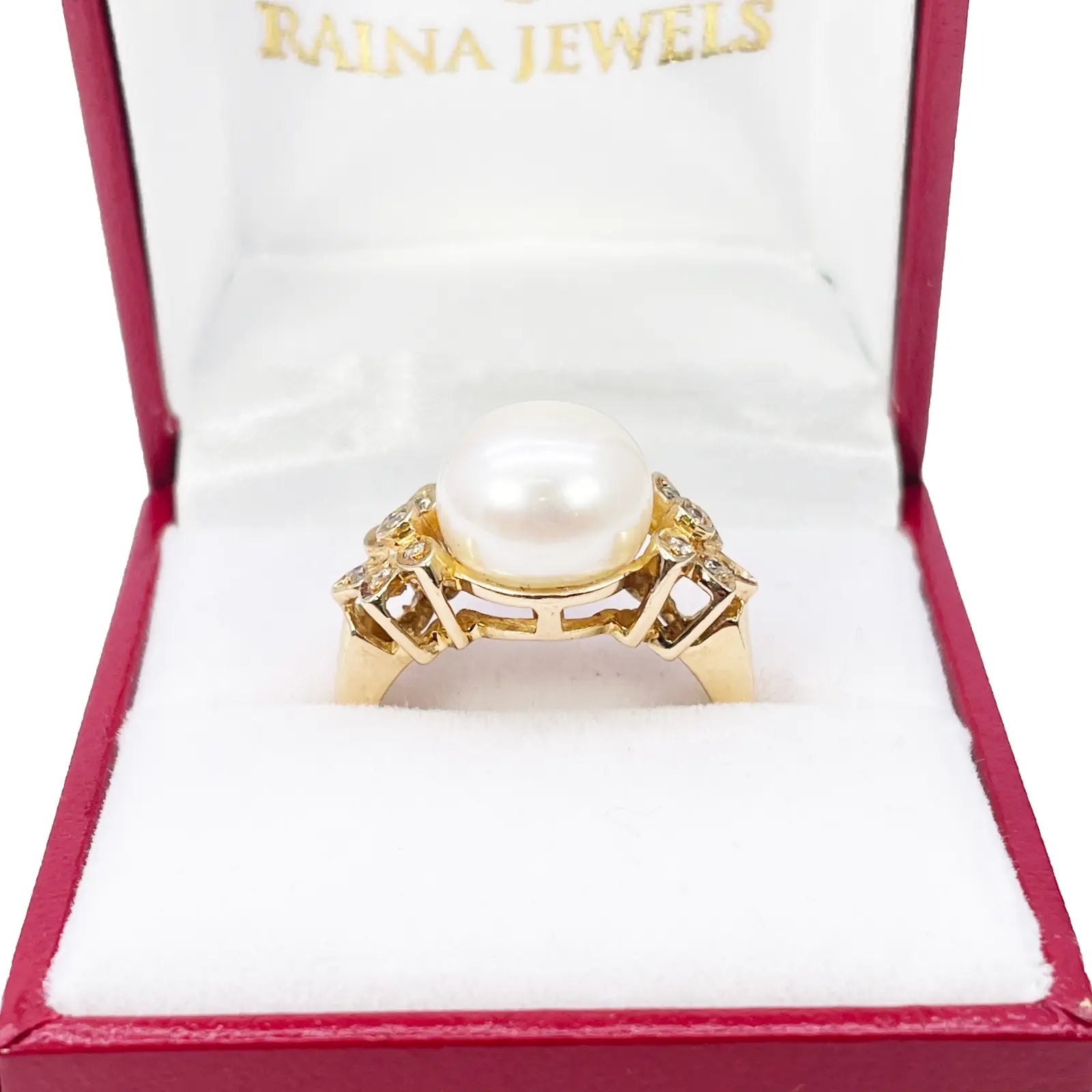 18ct Yellow Gold Pre-Owned Cubic Zirconia & Freshwater Pearl Elegant Vintage Floral Ring 
