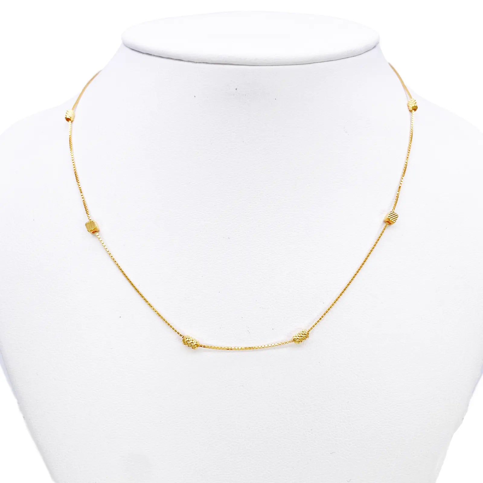 22ct Gold Beaded Necklace Diamond Cut Cube & Rounded Beads Box Chain 16 Inches 