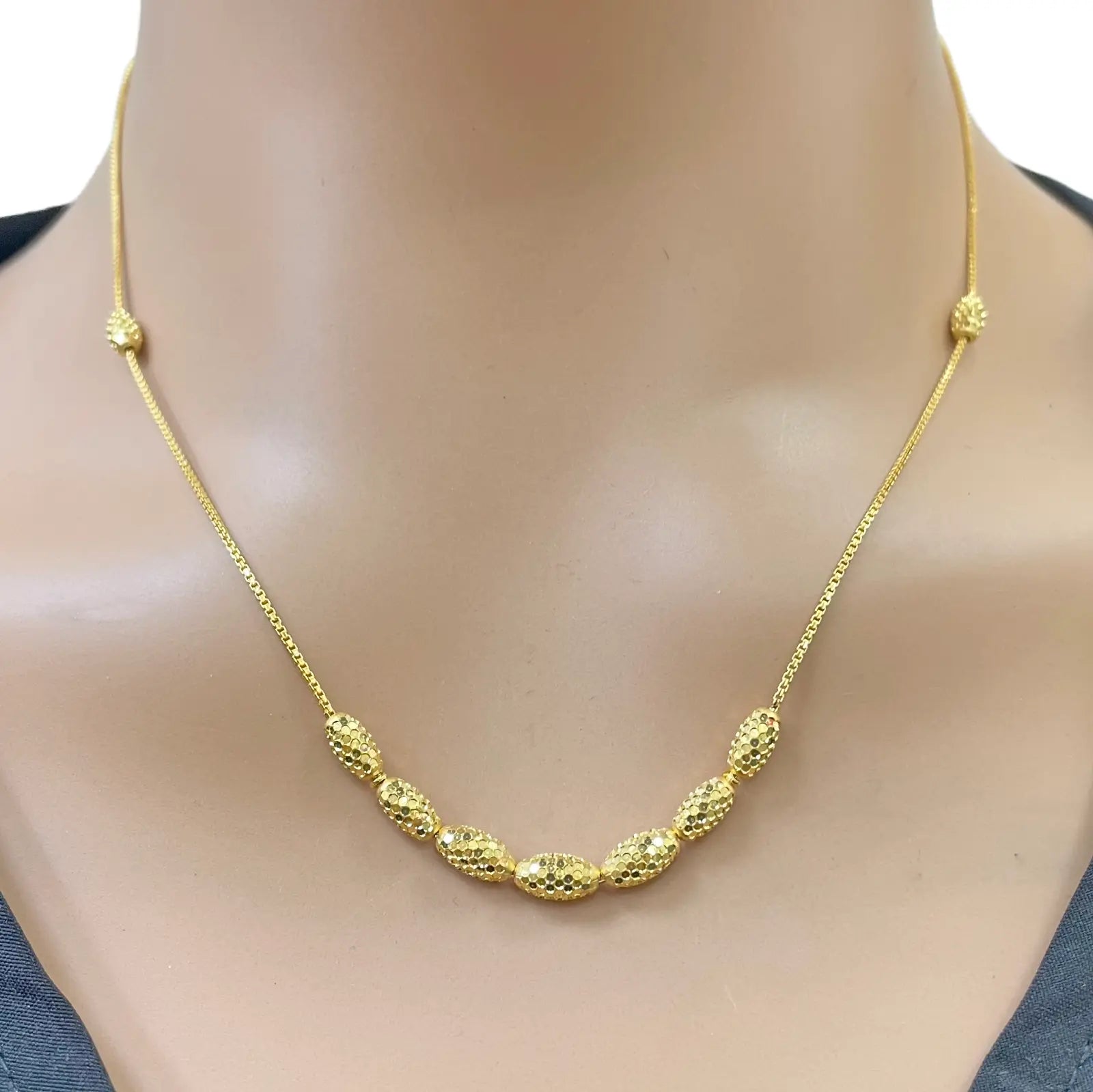 22ct Gold Beaded Necklace Sparkly Diamond Cut Oval Beads On A Box Chain 18 Inch¬†