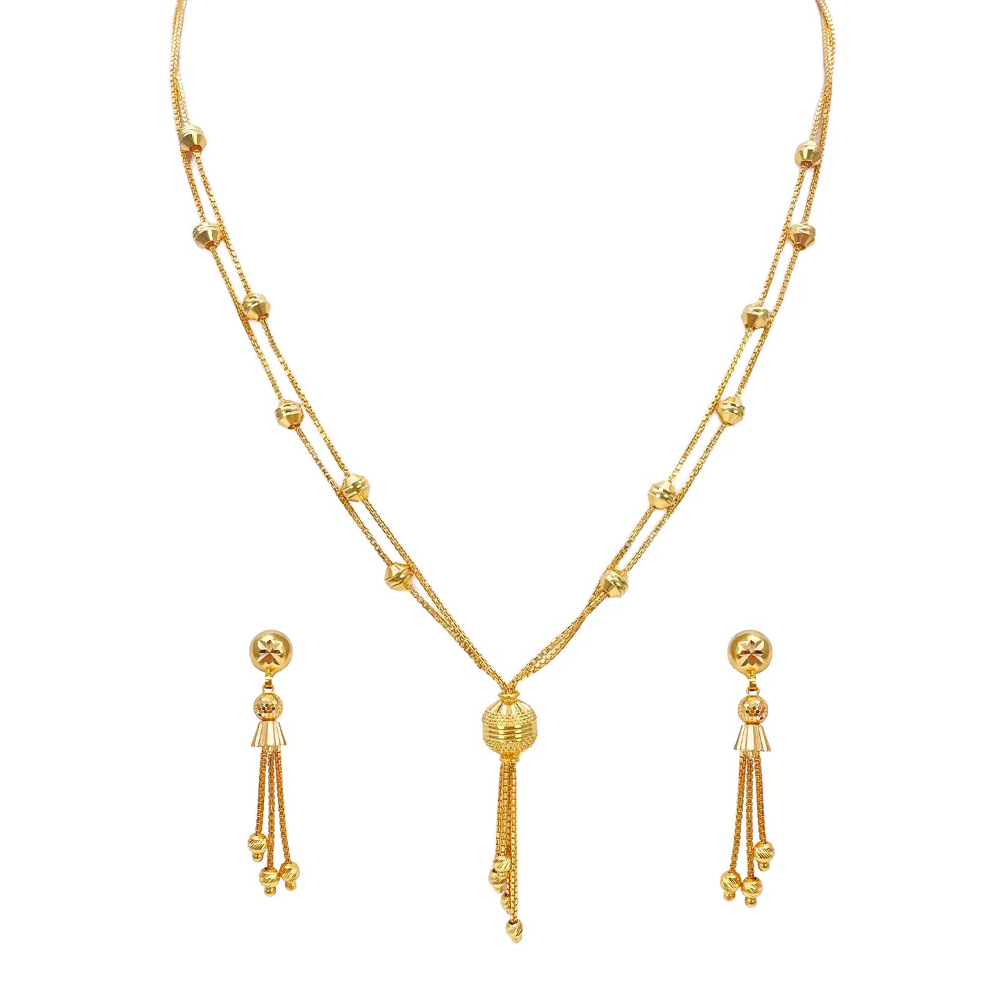 22ct Gold Beaded Tassel Layered Necklace & Earring Sparkly Diamond Cut Beads¬†