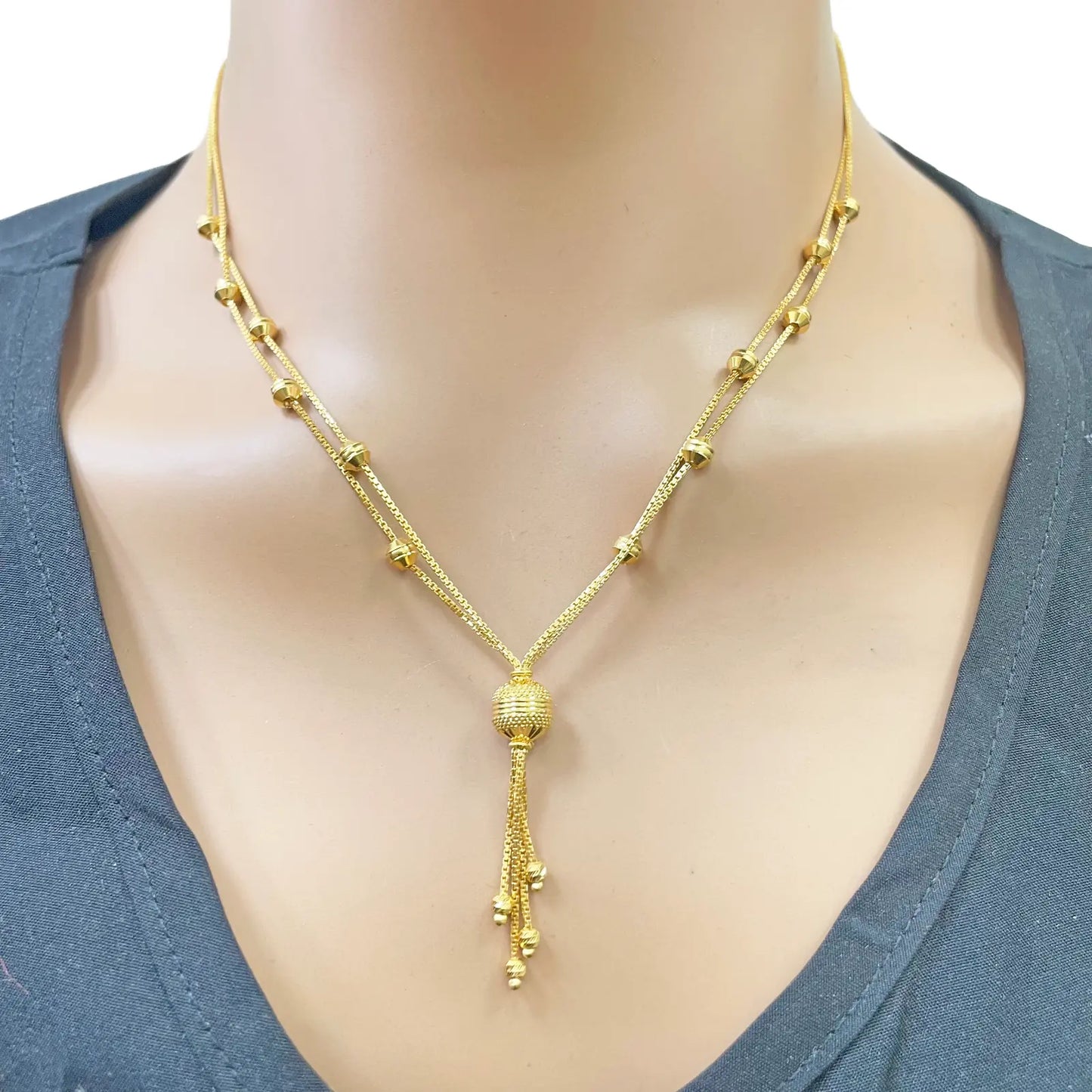 22ct Gold Beaded Tassel Layered Necklace & Earring Sparkly Diamond Cut Beads¬†
