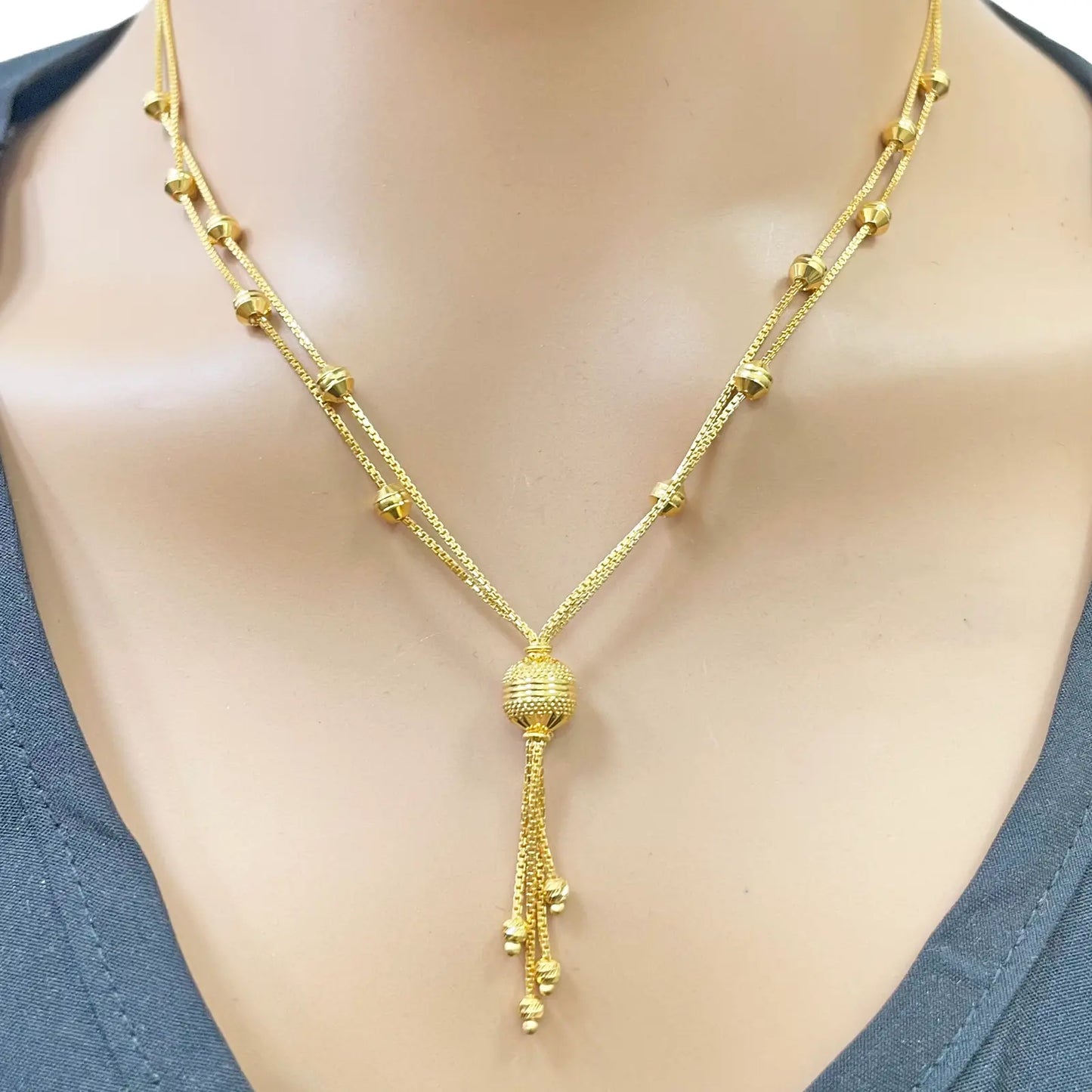 22ct Gold Beaded Tassel Layered Necklace & Earring Sparkly Diamond Cut Beads¬†