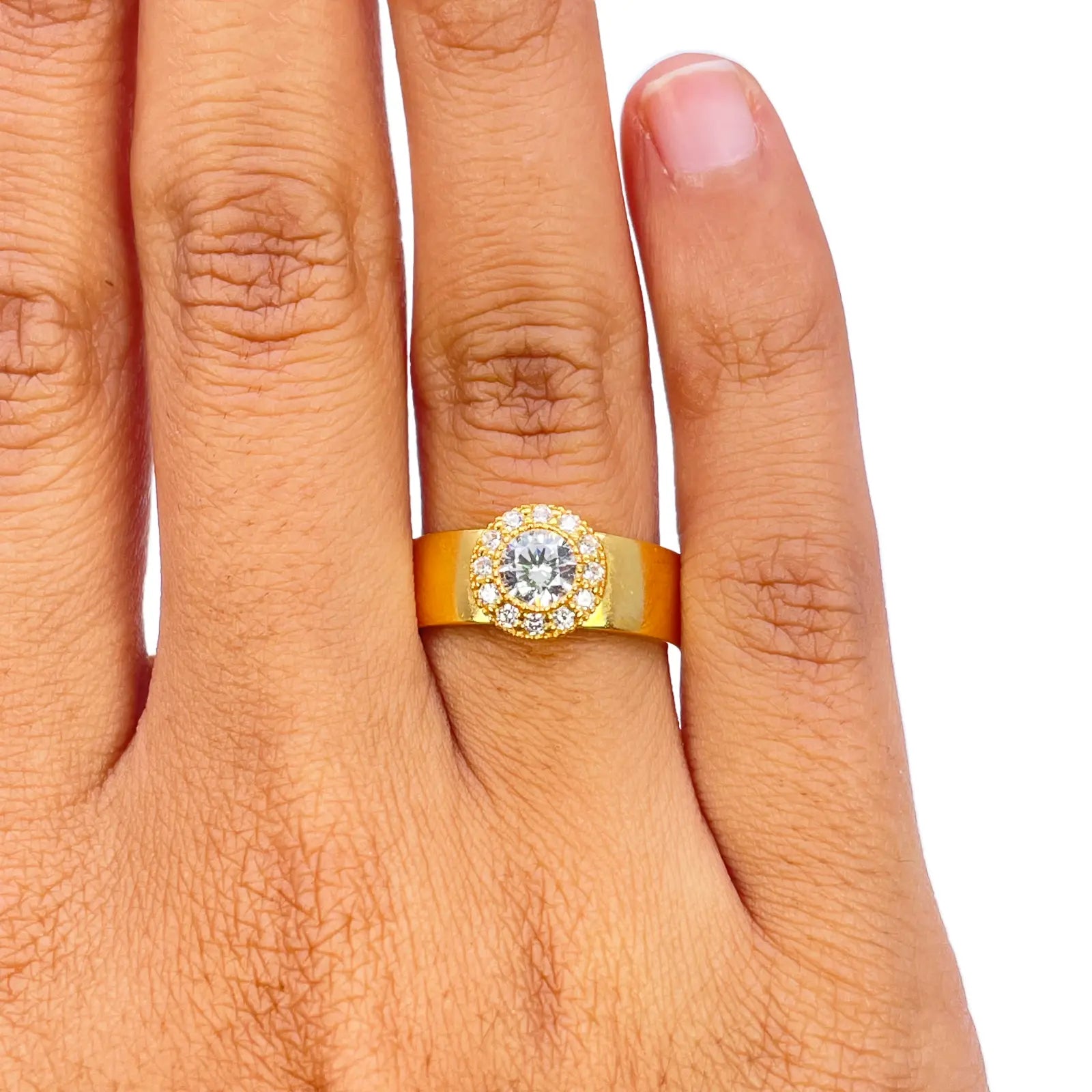 22ct Gold Cubic Zirconia Halo Ring High Polished 8.6mm Width 