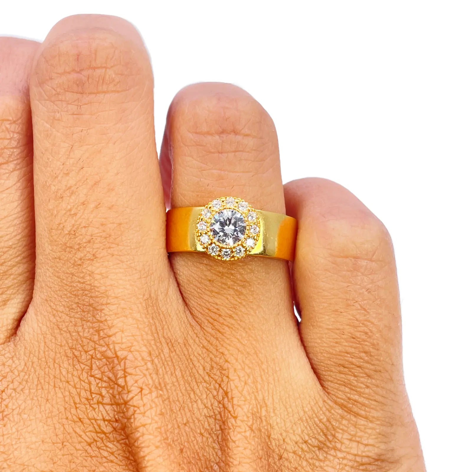 22ct Gold Cubic Zirconia Halo Ring High Polished 8.6mm Width 
